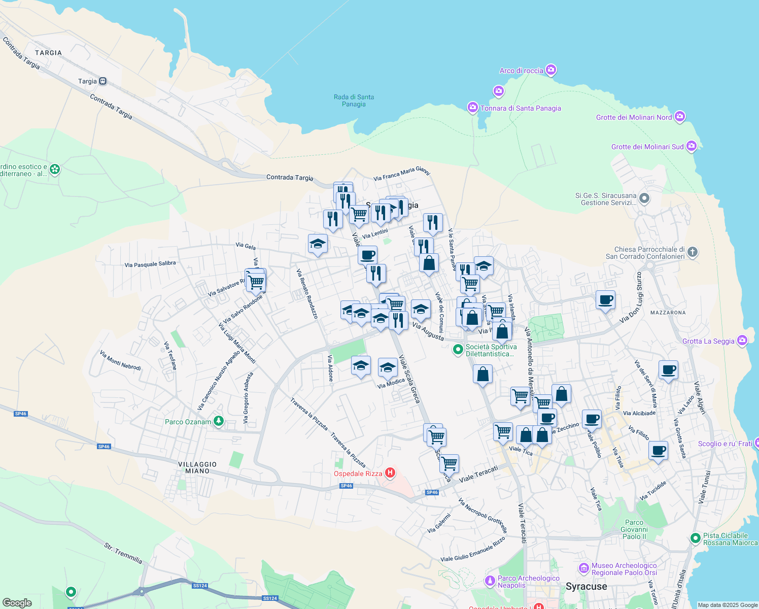 map of restaurants, bars, coffee shops, grocery stores, and more near 4 Via Mineo in Siracusa