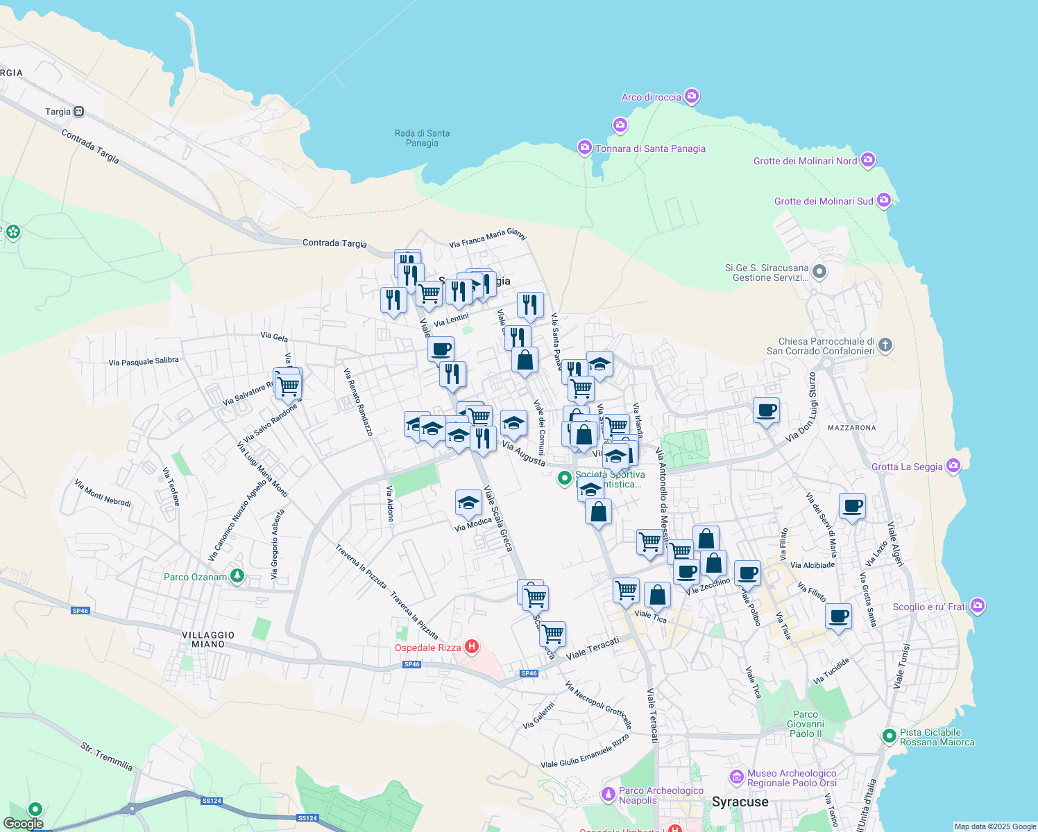 map of restaurants, bars, coffee shops, grocery stores, and more near 71 Via Paternò in Siracusa