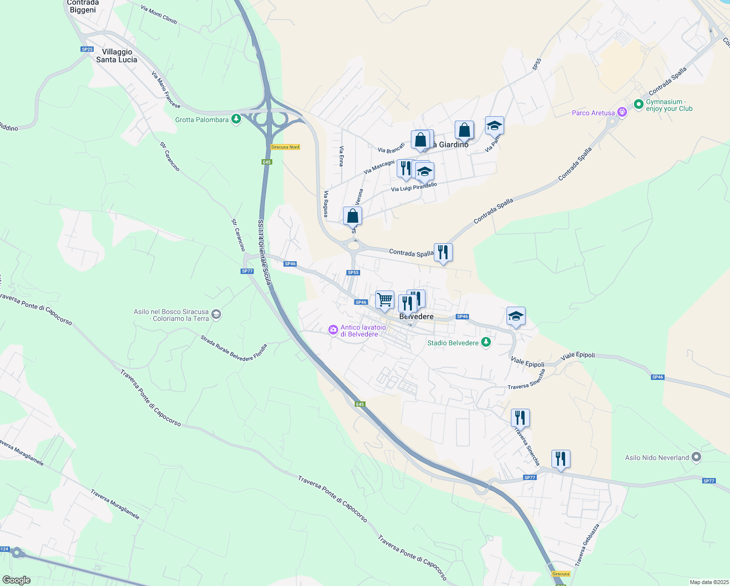 map of restaurants, bars, coffee shops, grocery stores, and more near 16 Via Lombardo Radice in Belvedere