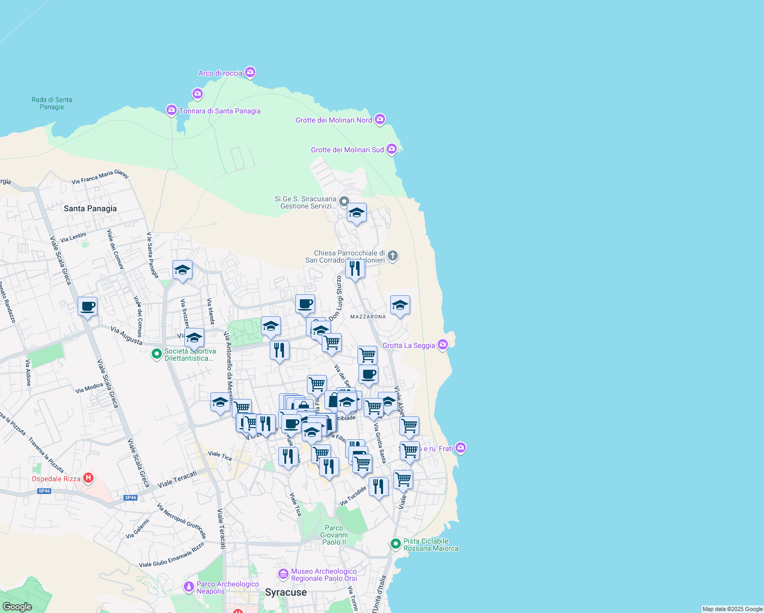 map of restaurants, bars, coffee shops, grocery stores, and more near 11 Via Vincenzo Boscarino in Siracusa