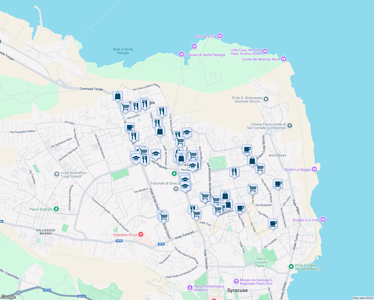 map of restaurants, bars, coffee shops, grocery stores, and more near 33 Via Ungheria in Siracusa