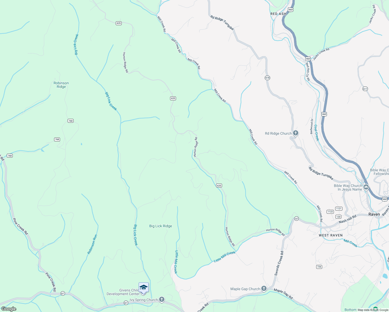map of restaurants, bars, coffee shops, grocery stores, and more near County Road 635 in Swords Creek
