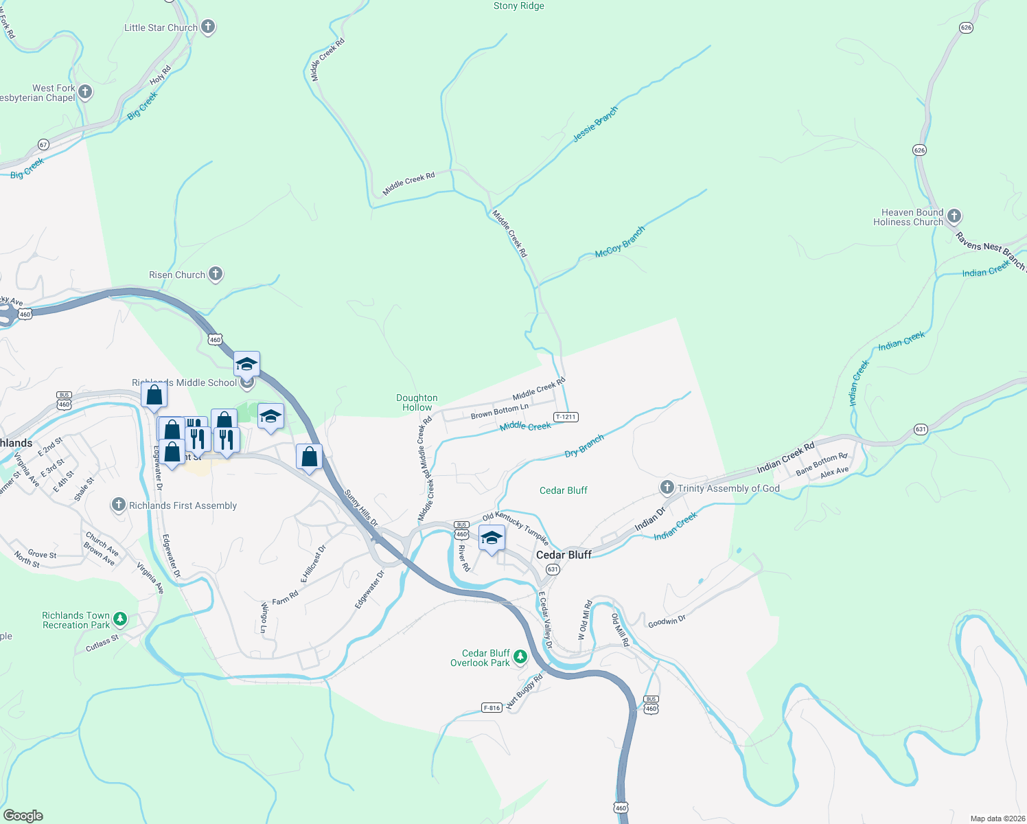 map of restaurants, bars, coffee shops, grocery stores, and more near 201-273 State Route T-1212 in Cedar Bluff