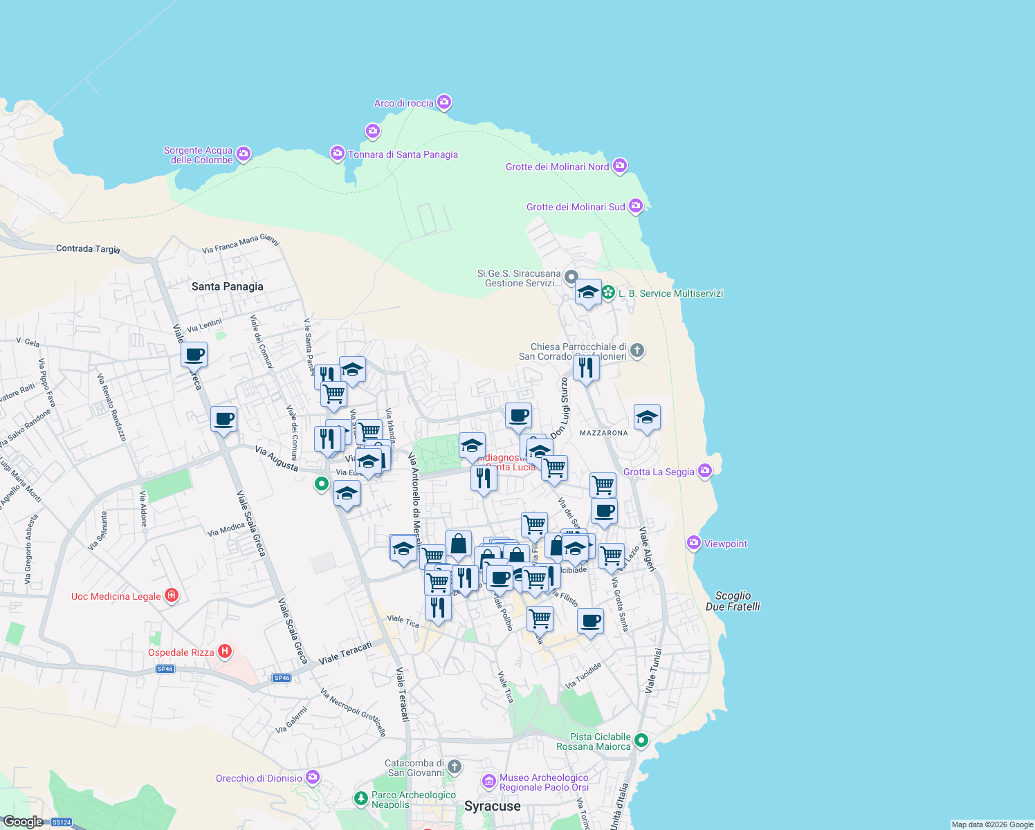 map of restaurants, bars, coffee shops, grocery stores, and more near 13 Via Giuseppe Conigliaro in Siracusa