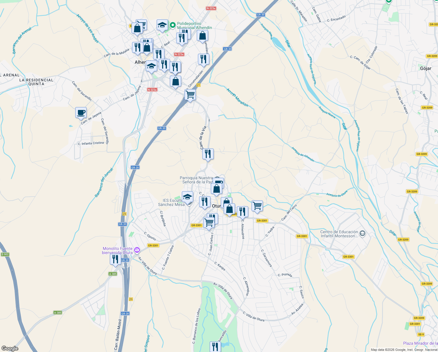 map of restaurants, bars, coffee shops, grocery stores, and more near 7 Calle Zacatín in Otura