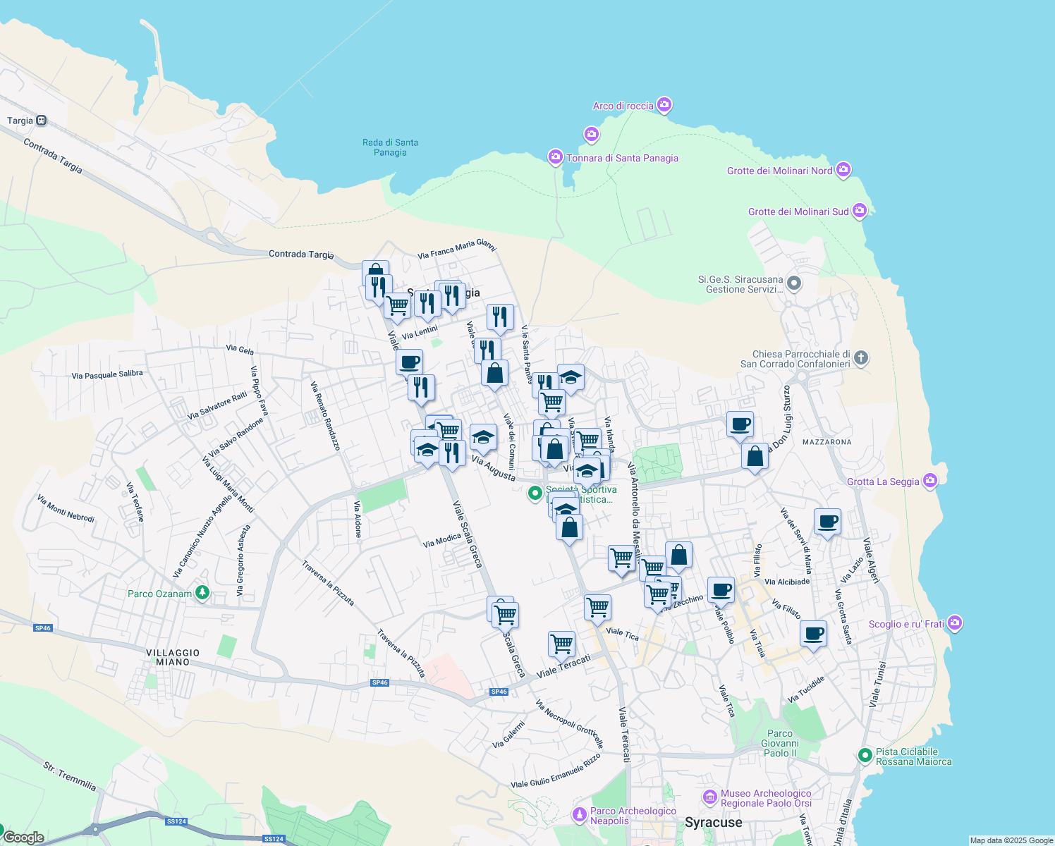map of restaurants, bars, coffee shops, grocery stores, and more near Via Calatabiano in Syracuse