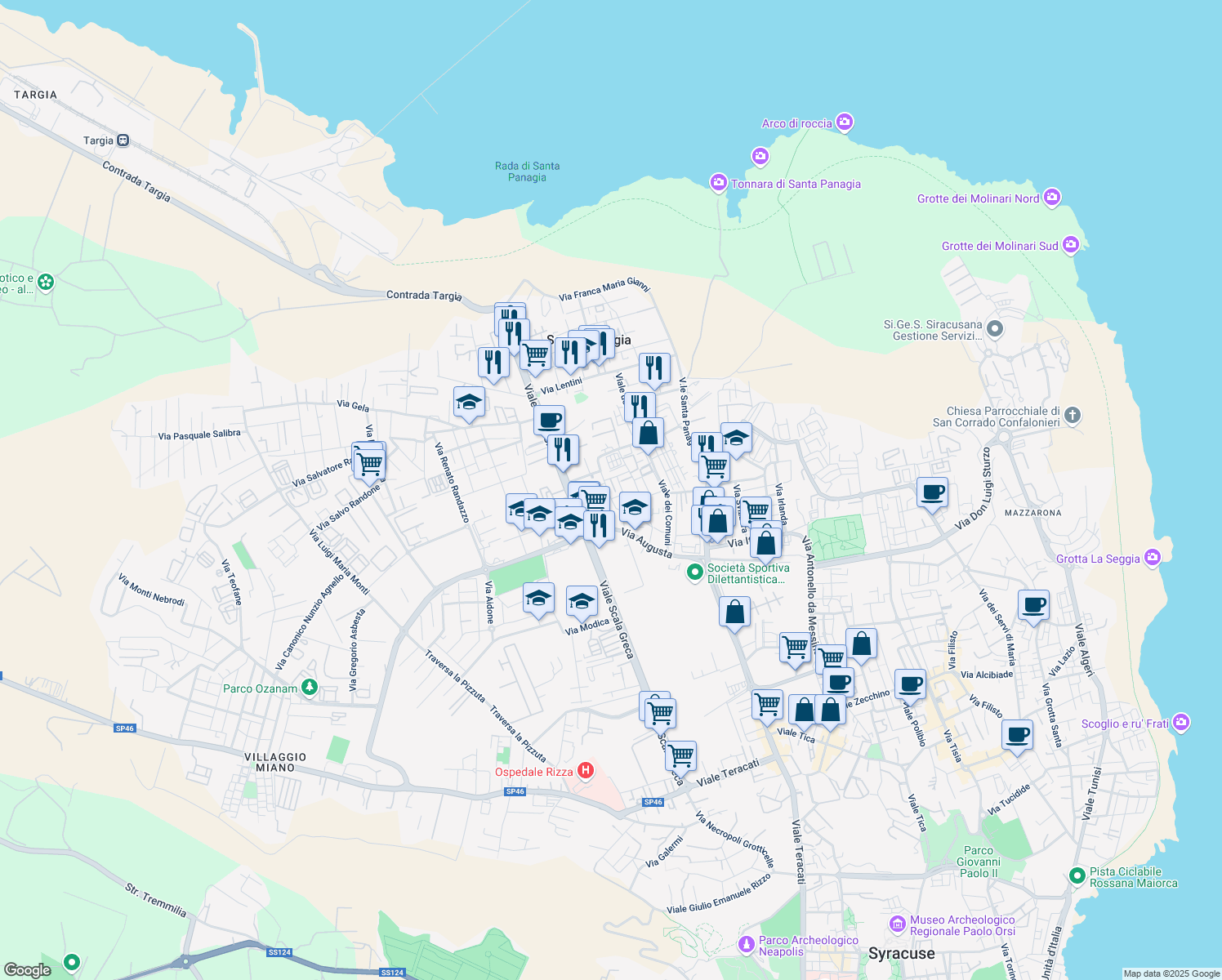 map of restaurants, bars, coffee shops, grocery stores, and more near 20A Via Mascalucia in Siracusa