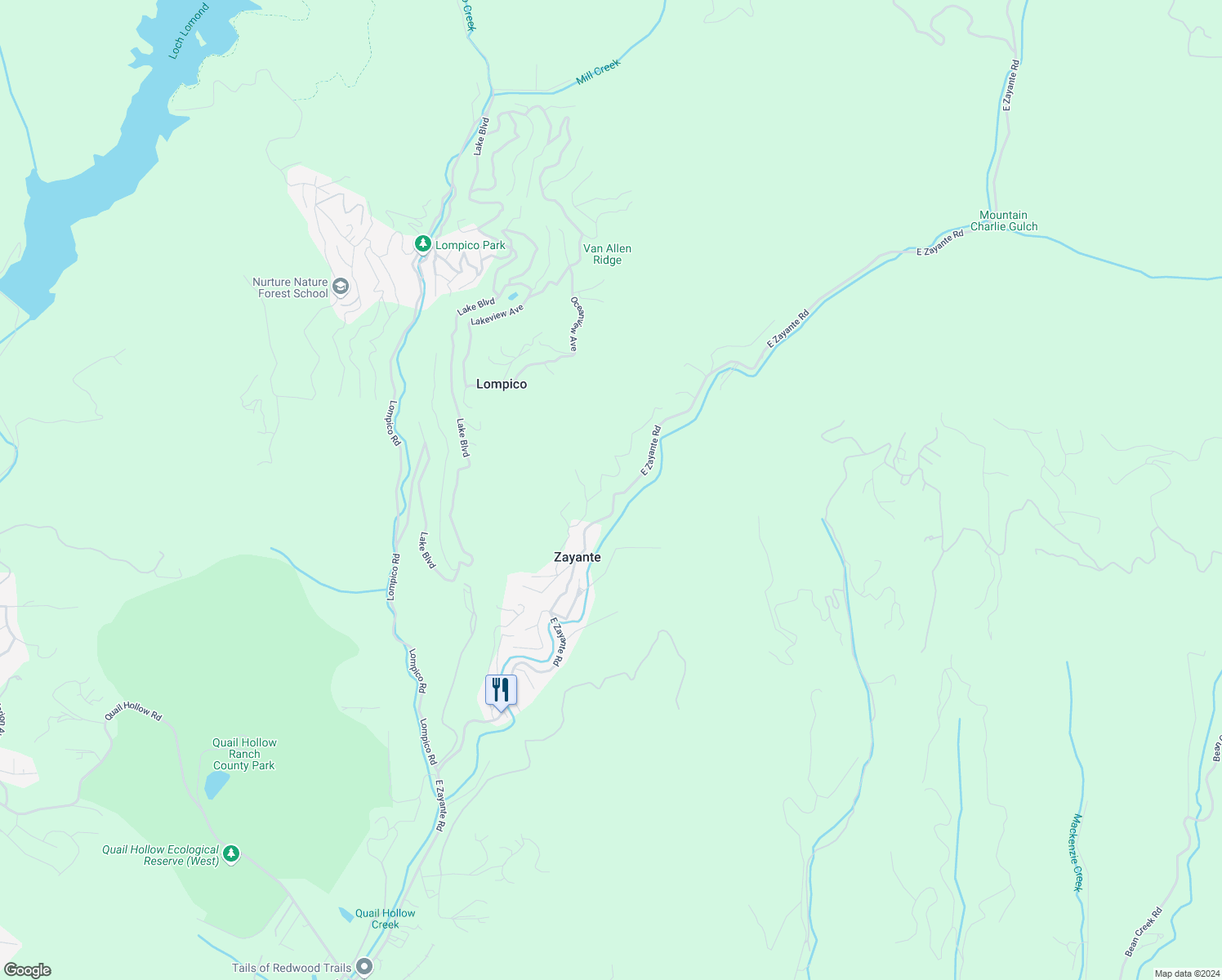 map of restaurants, bars, coffee shops, grocery stores, and more near 10157 East Zayante Road in Felton