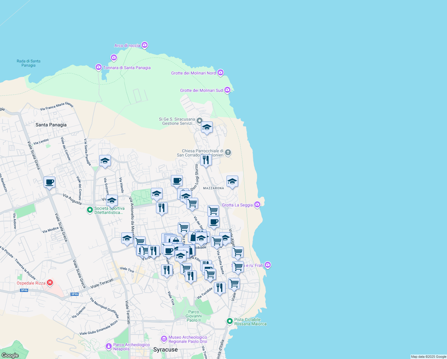 map of restaurants, bars, coffee shops, grocery stores, and more near 11 Via Vincenzo Boscarino in Siracusa