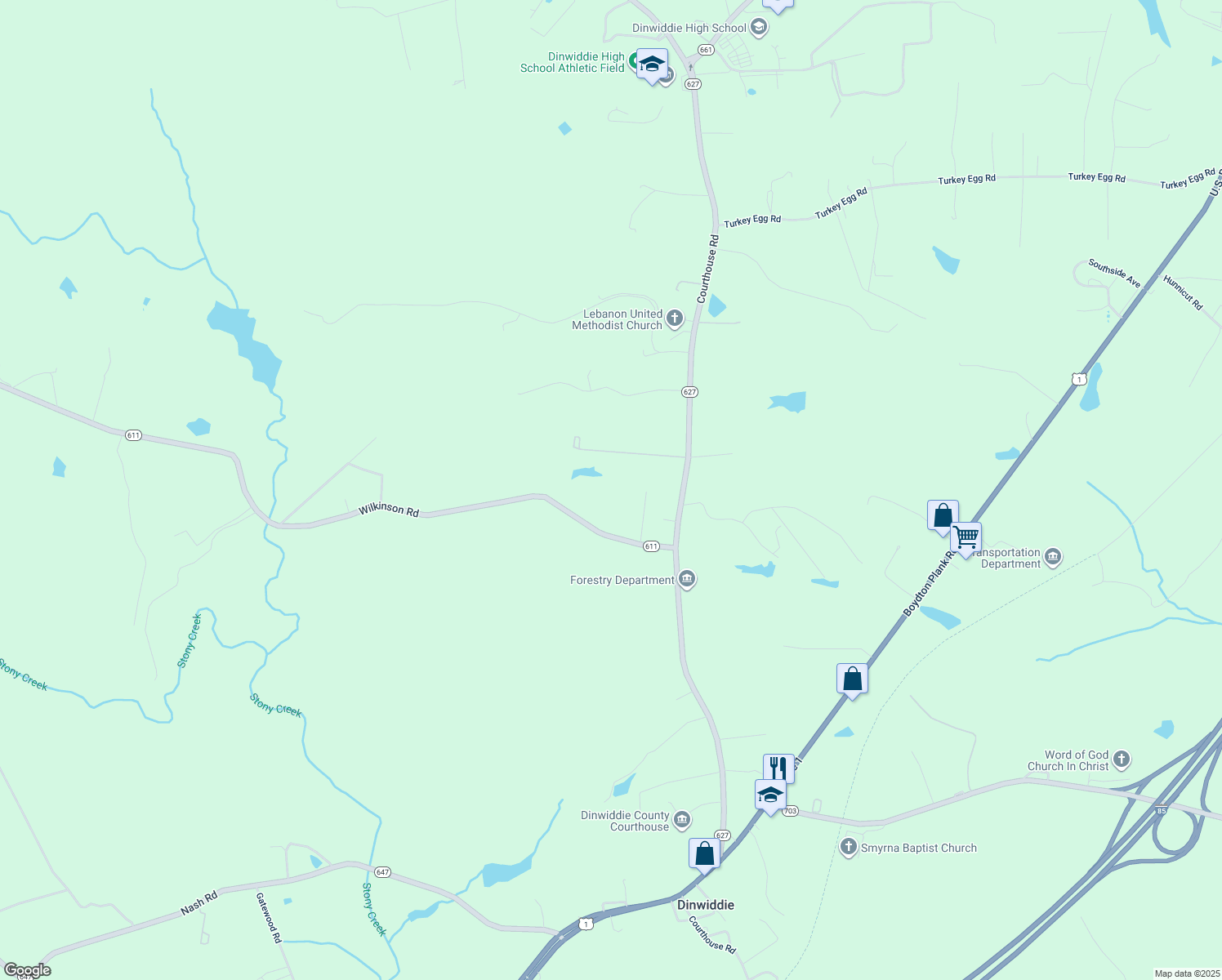 map of restaurants, bars, coffee shops, grocery stores, and more near 18112 Wilkinson Road in Dinwiddie