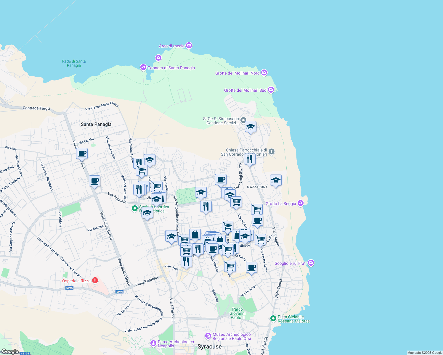 map of restaurants, bars, coffee shops, grocery stores, and more near 13 Via Giuseppe Conigliaro in Siracusa