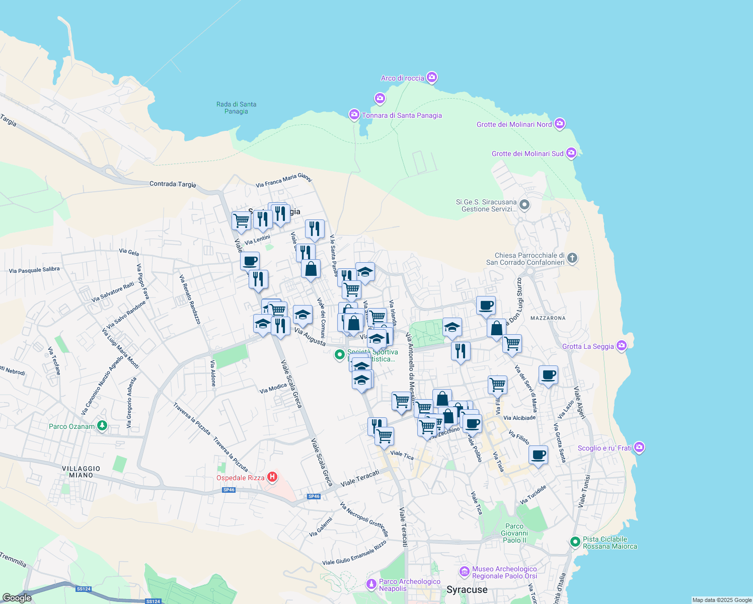 map of restaurants, bars, coffee shops, grocery stores, and more near 14b Via Austria in Siracusa