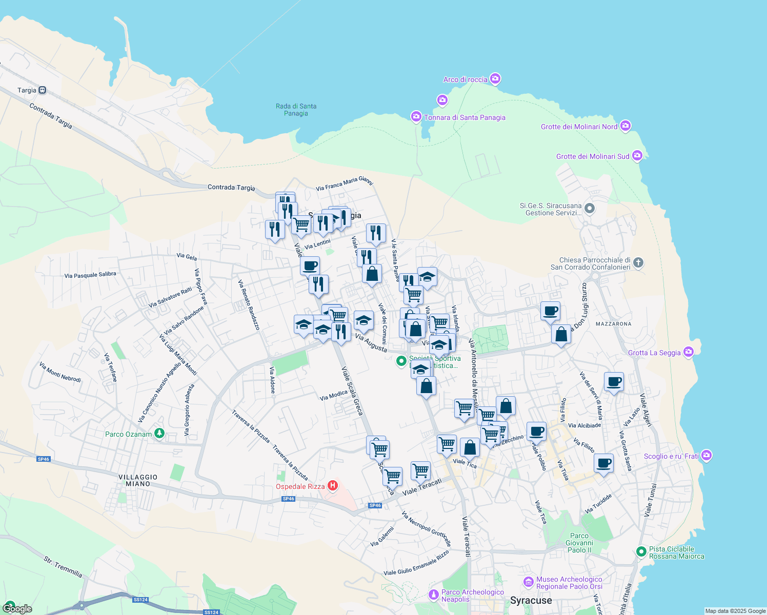 map of restaurants, bars, coffee shops, grocery stores, and more near 53 Viale dei Comuni in Siracusa