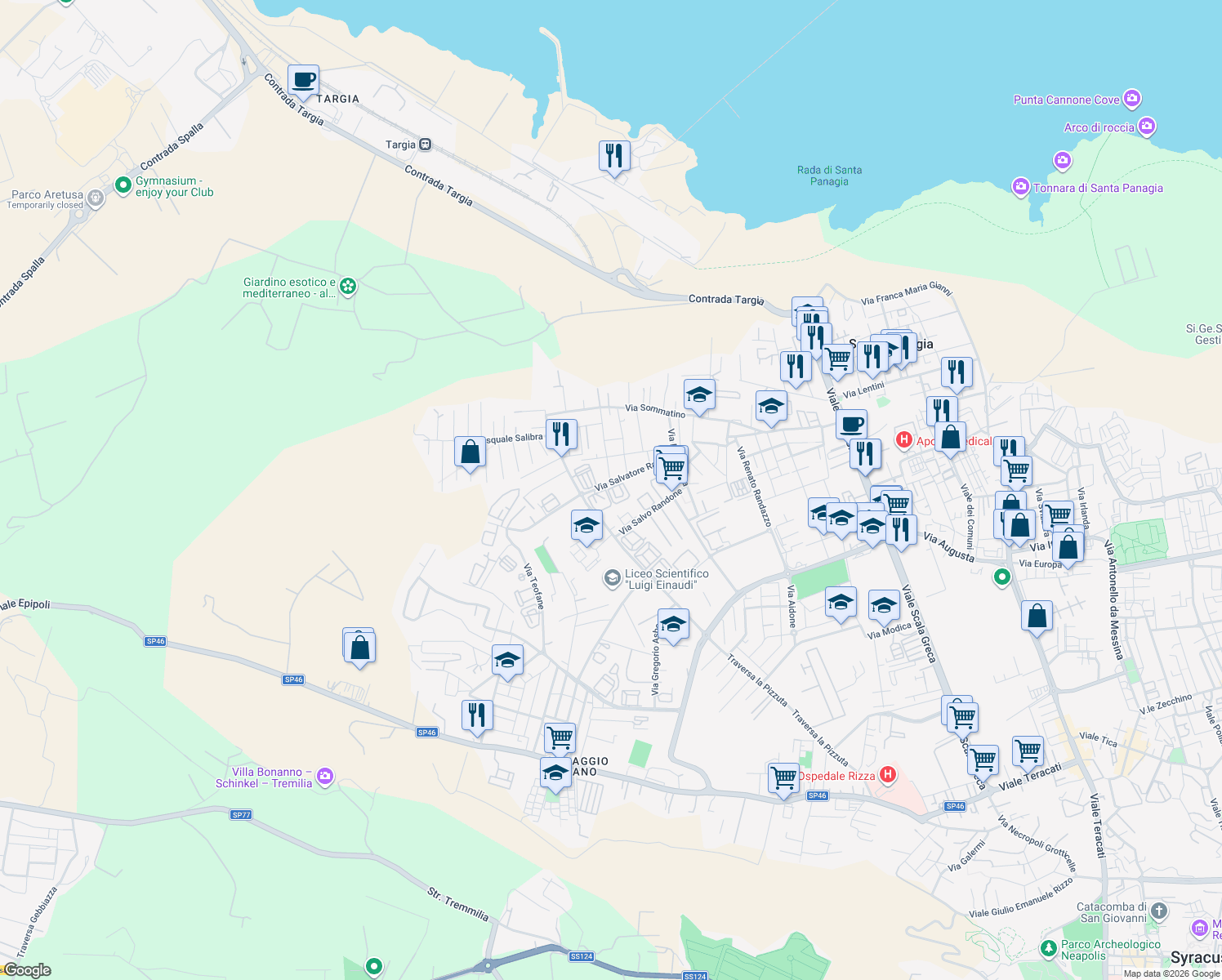 map of restaurants, bars, coffee shops, grocery stores, and more near 4 Via Salvatore Raiti in Siracusa