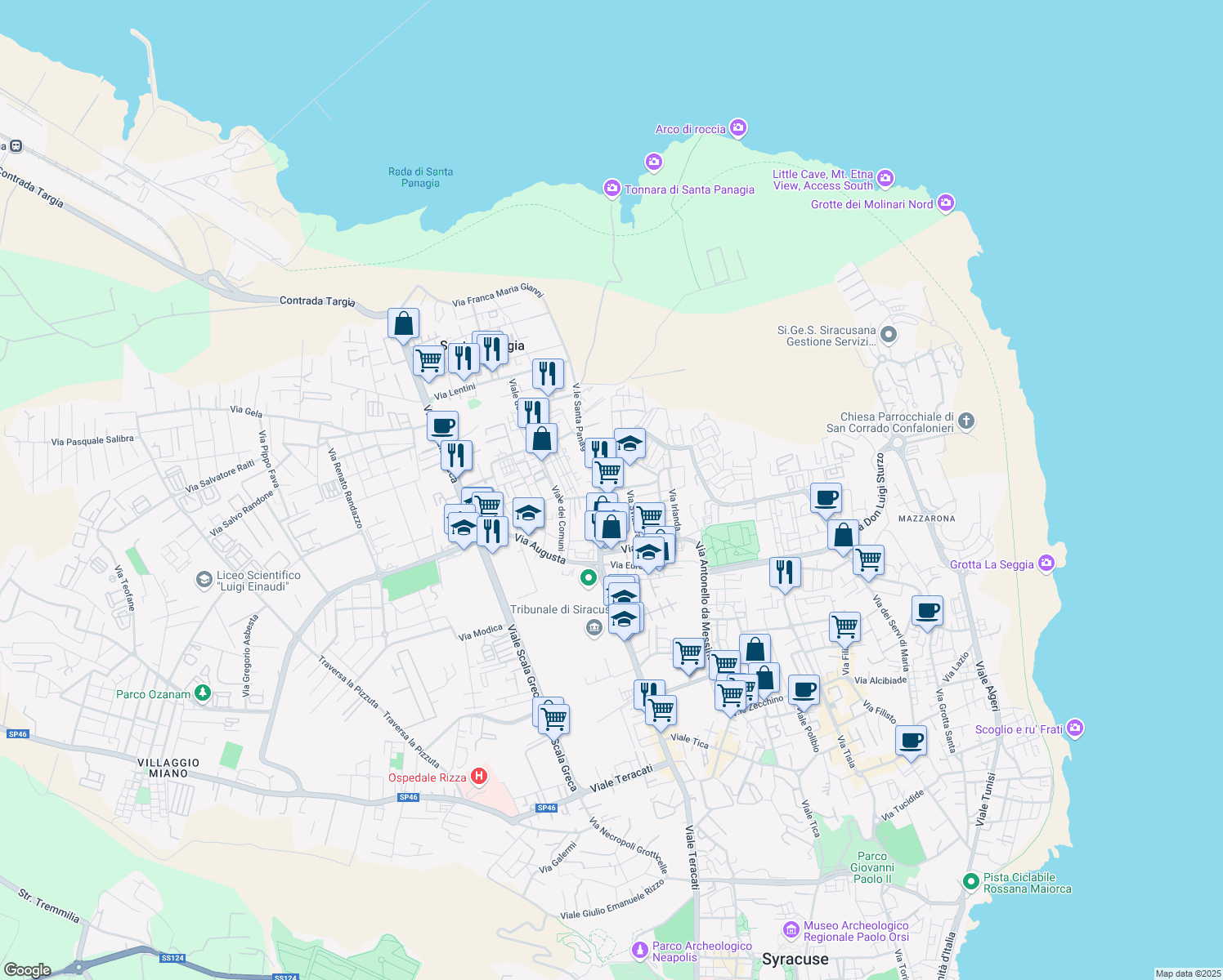 map of restaurants, bars, coffee shops, grocery stores, and more near 33 Via Ungheria in Siracusa