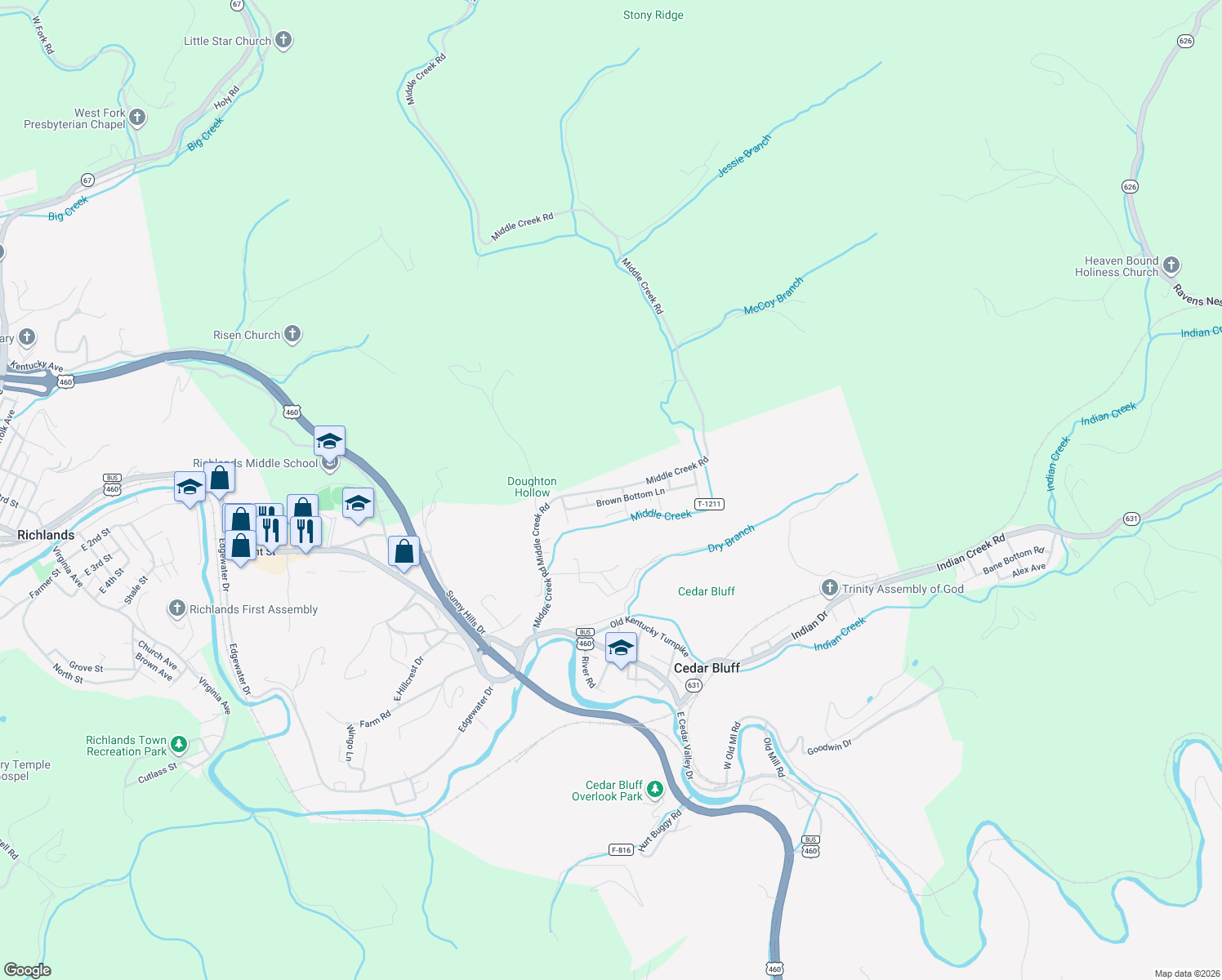 map of restaurants, bars, coffee shops, grocery stores, and more near Middle Creek Road in Cedar Bluff
