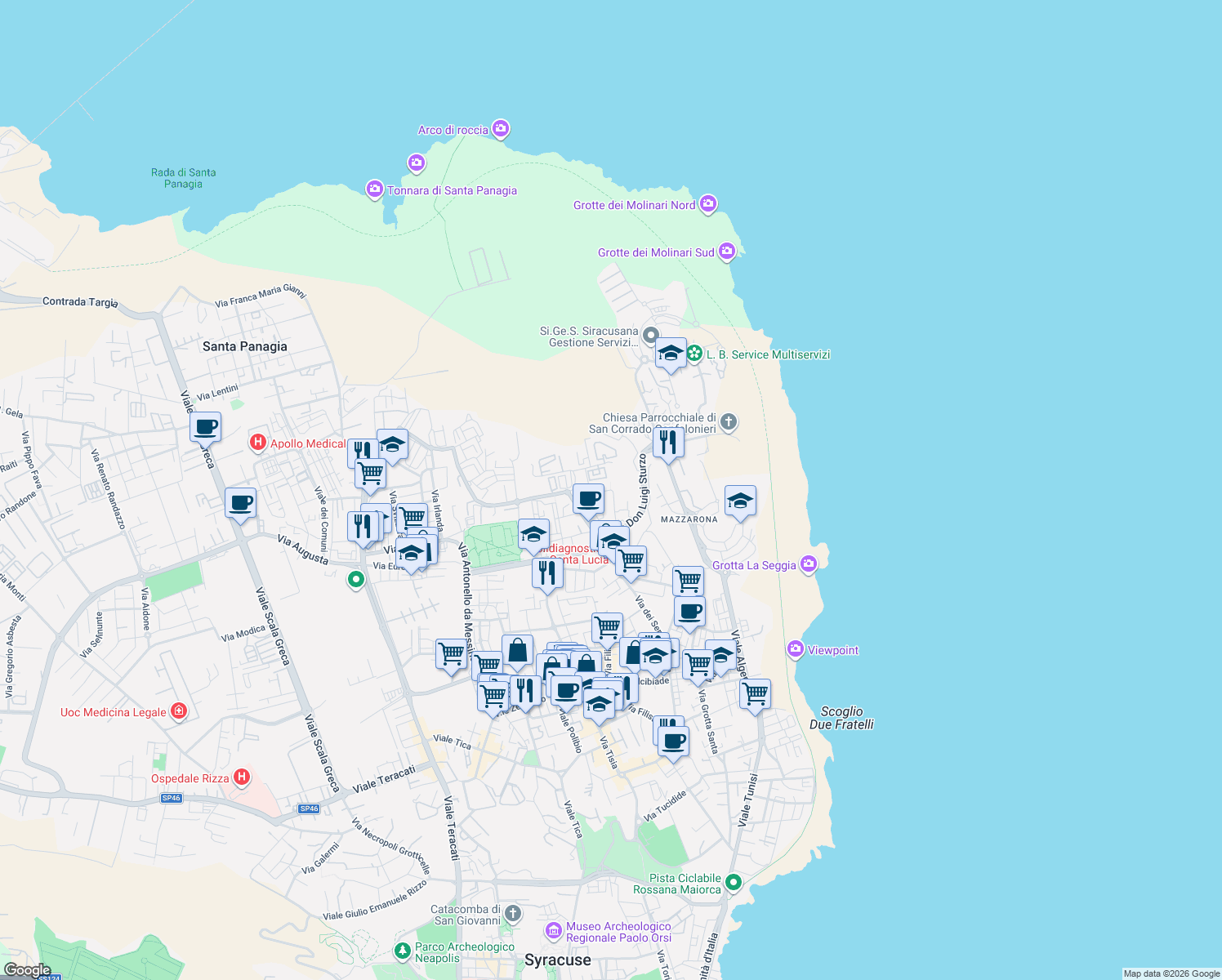 map of restaurants, bars, coffee shops, grocery stores, and more near 14a Via Giuseppe Conigliaro in Siracusa