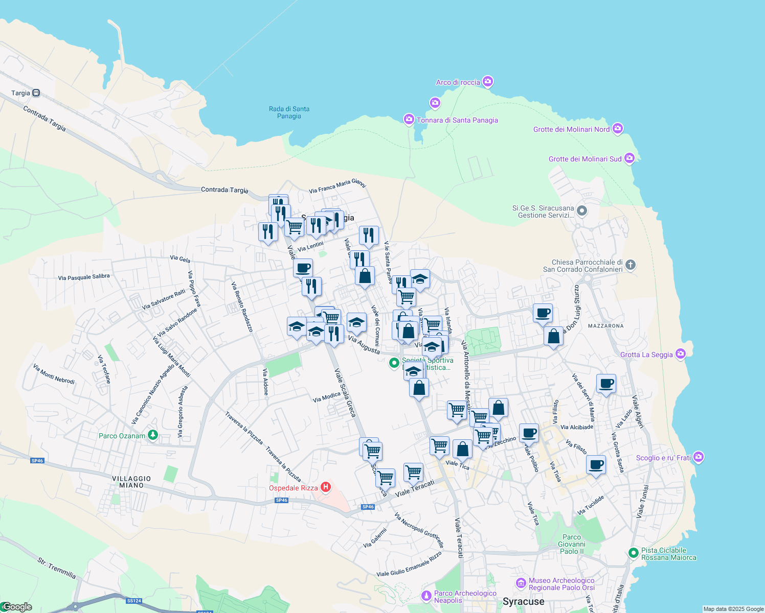 map of restaurants, bars, coffee shops, grocery stores, and more near 53 Viale dei Comuni in Siracusa