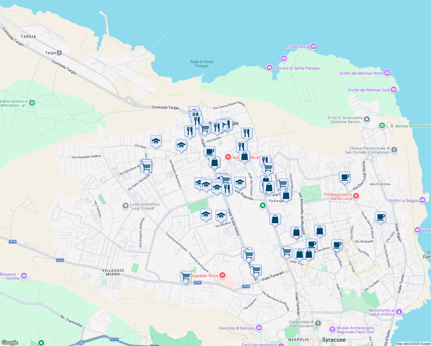 map of restaurants, bars, coffee shops, grocery stores, and more near 264 Viale Scala Greca in Siracusa