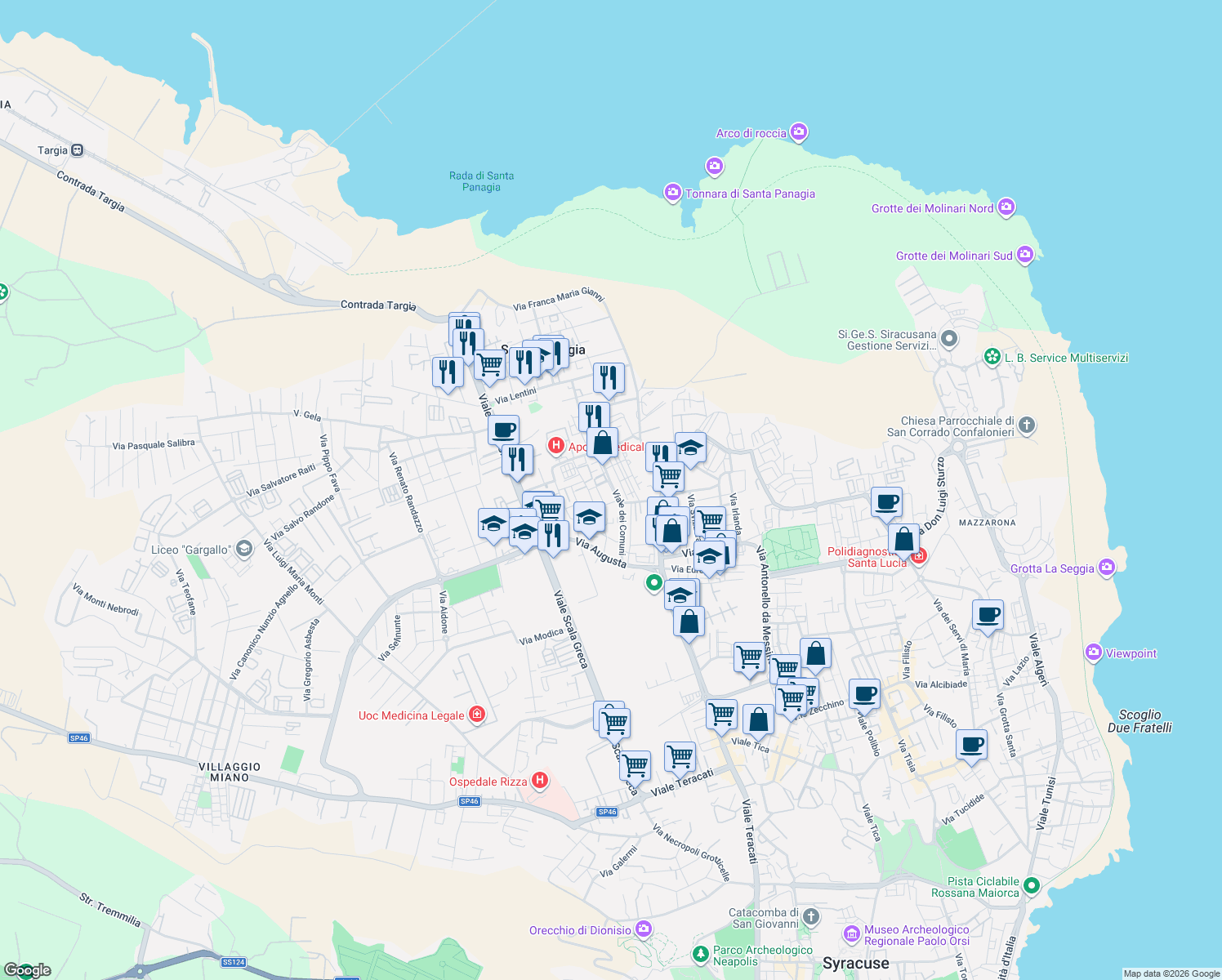 map of restaurants, bars, coffee shops, grocery stores, and more near 53 Viale dei Comuni in Siracusa
