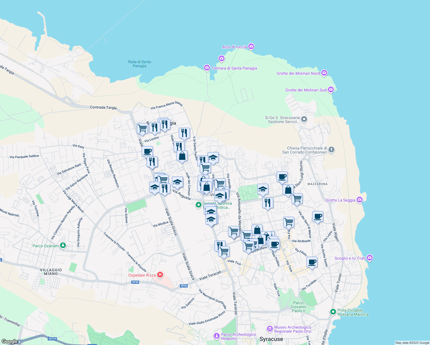 map of restaurants, bars, coffee shops, grocery stores, and more near 14b Via Austria in Siracusa