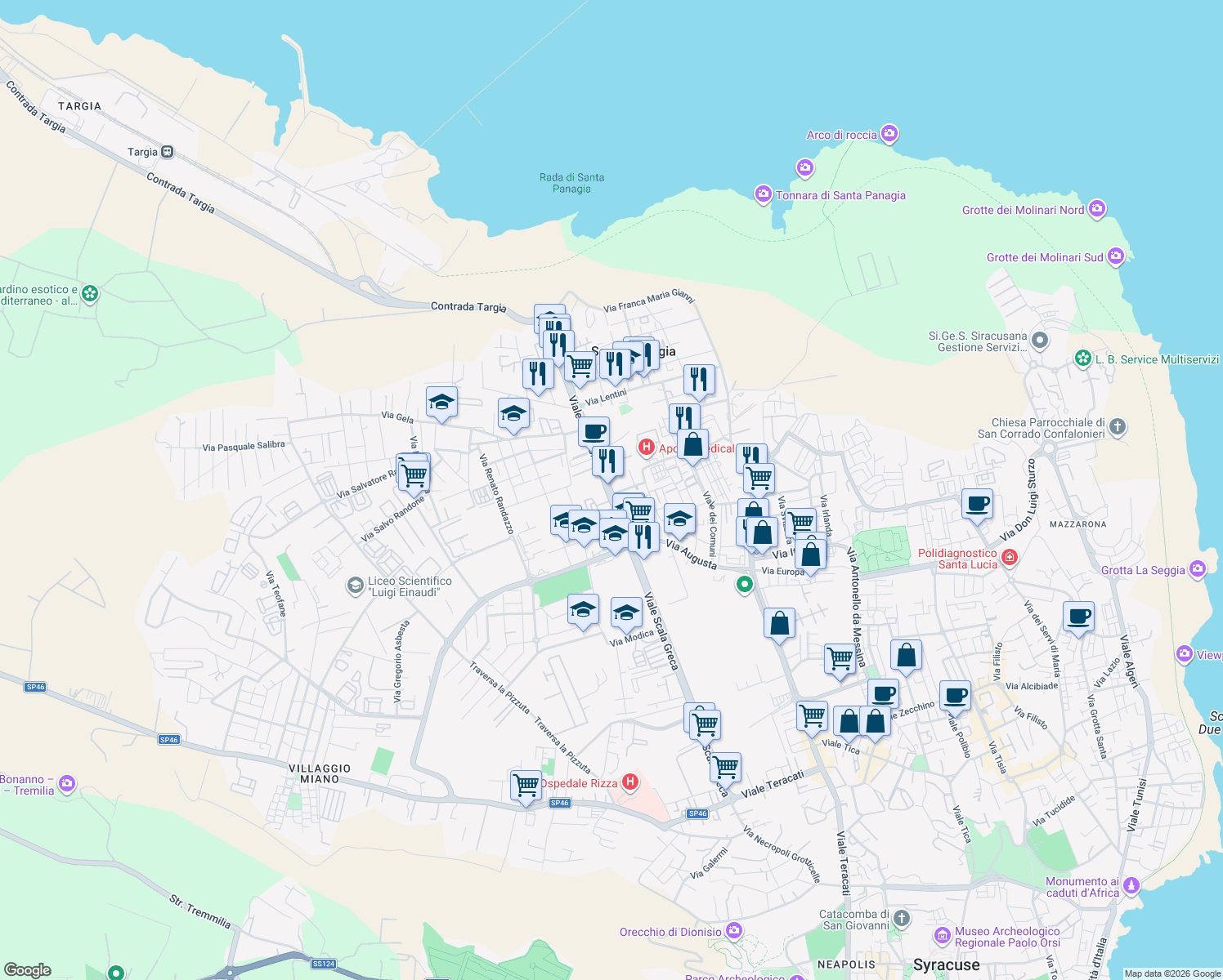 map of restaurants, bars, coffee shops, grocery stores, and more near 264 Viale Scala Greca in Siracusa
