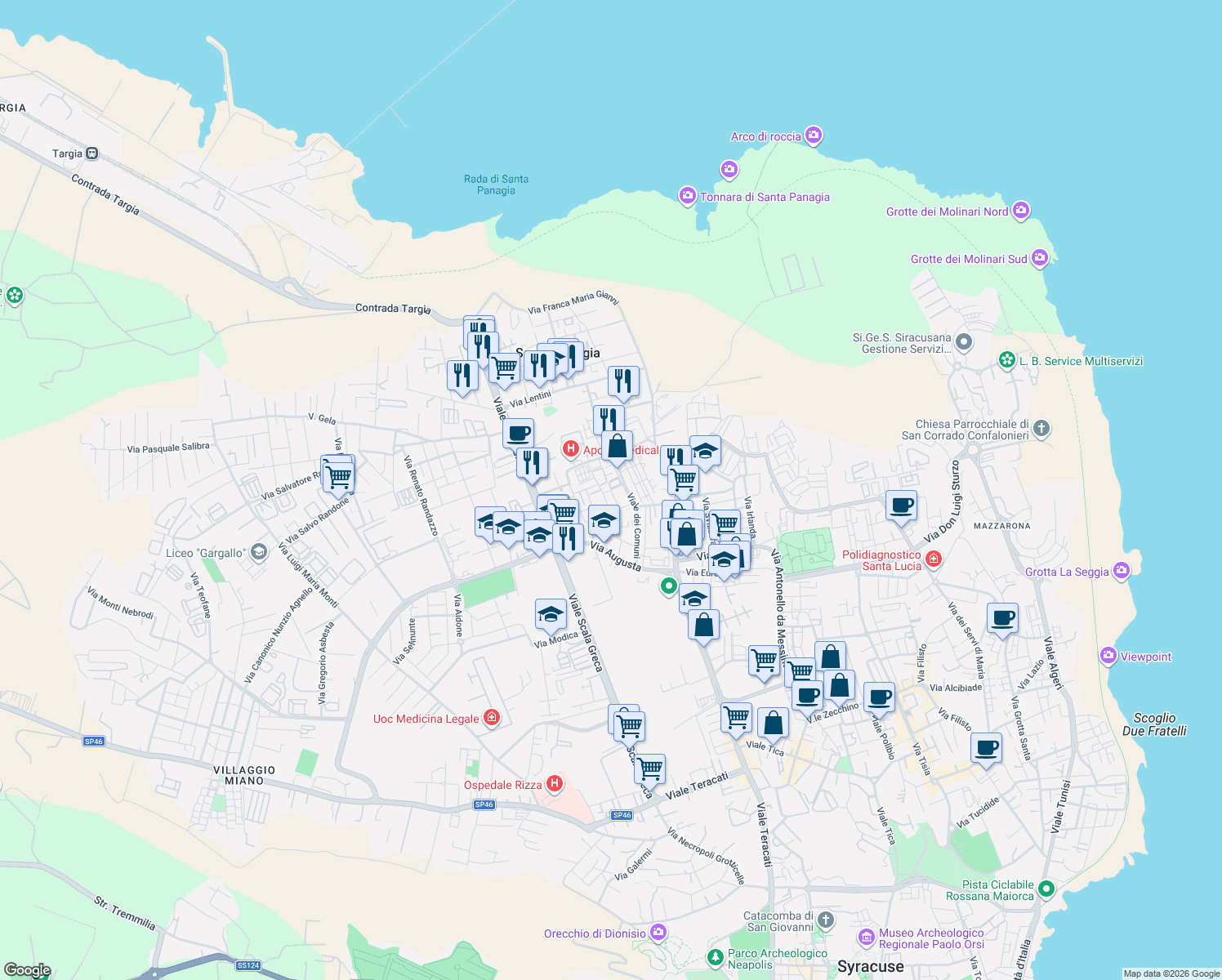 map of restaurants, bars, coffee shops, grocery stores, and more near 71 Via Paternò in Syracuse