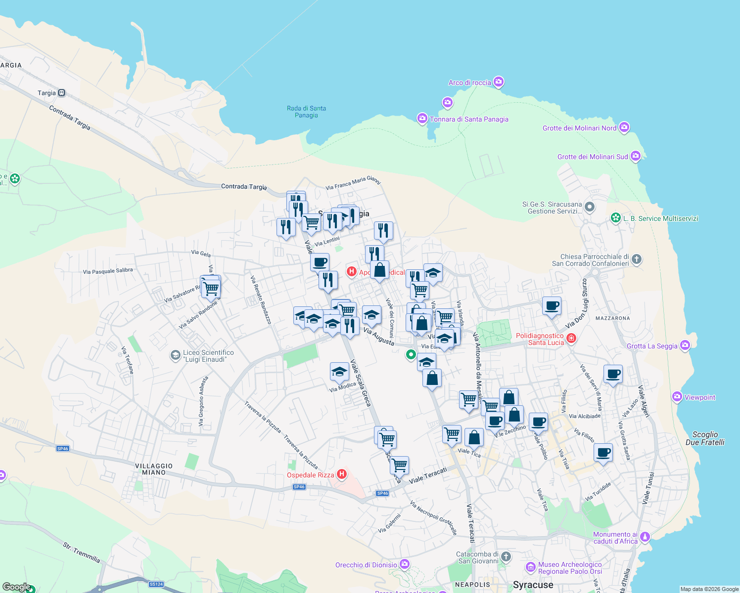 map of restaurants, bars, coffee shops, grocery stores, and more near 71 Via Paternò in Syracuse