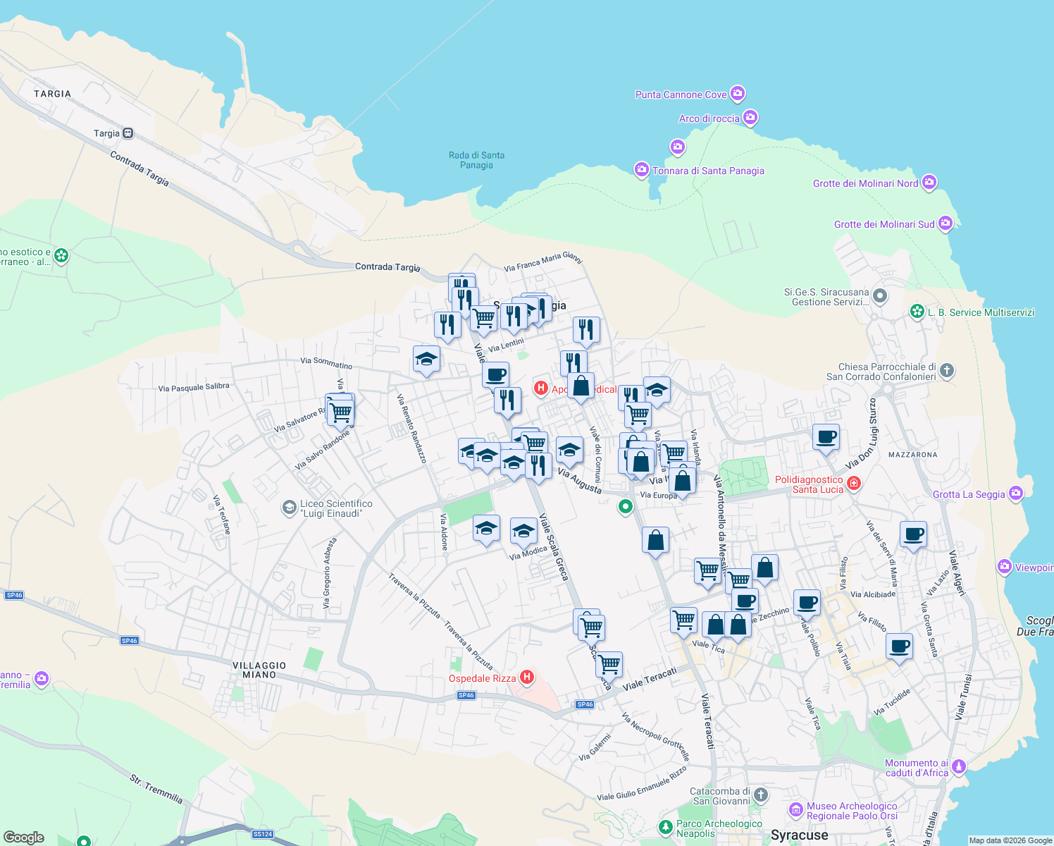 map of restaurants, bars, coffee shops, grocery stores, and more near 4 Via Mineo in Syracuse