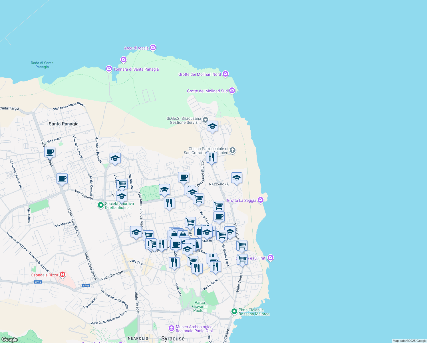 map of restaurants, bars, coffee shops, grocery stores, and more near 5-7 Via Gaetano Barresi in Siracusa