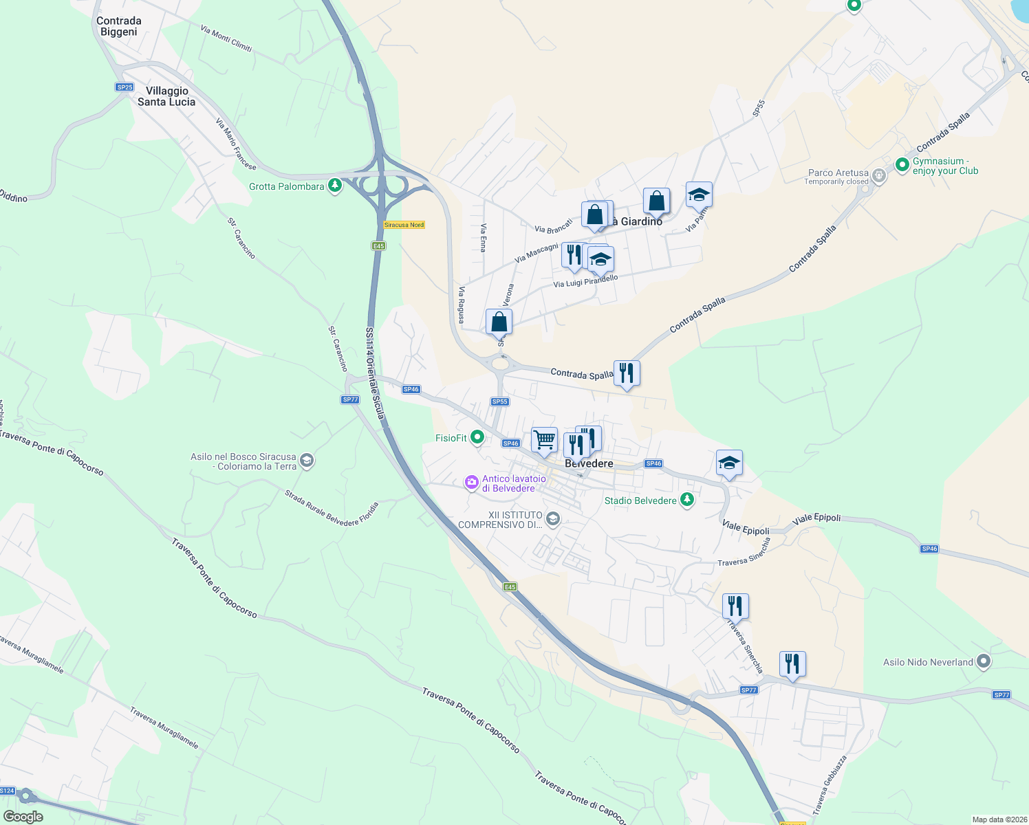 map of restaurants, bars, coffee shops, grocery stores, and more near 16 Via Lombardo Radice in Belvedere