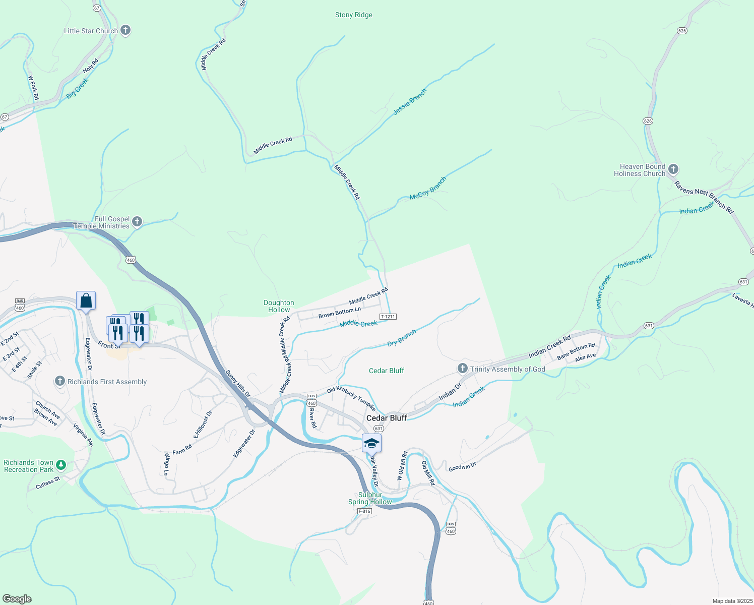 map of restaurants, bars, coffee shops, grocery stores, and more near Brown Bottom Lane in Cedar Bluff