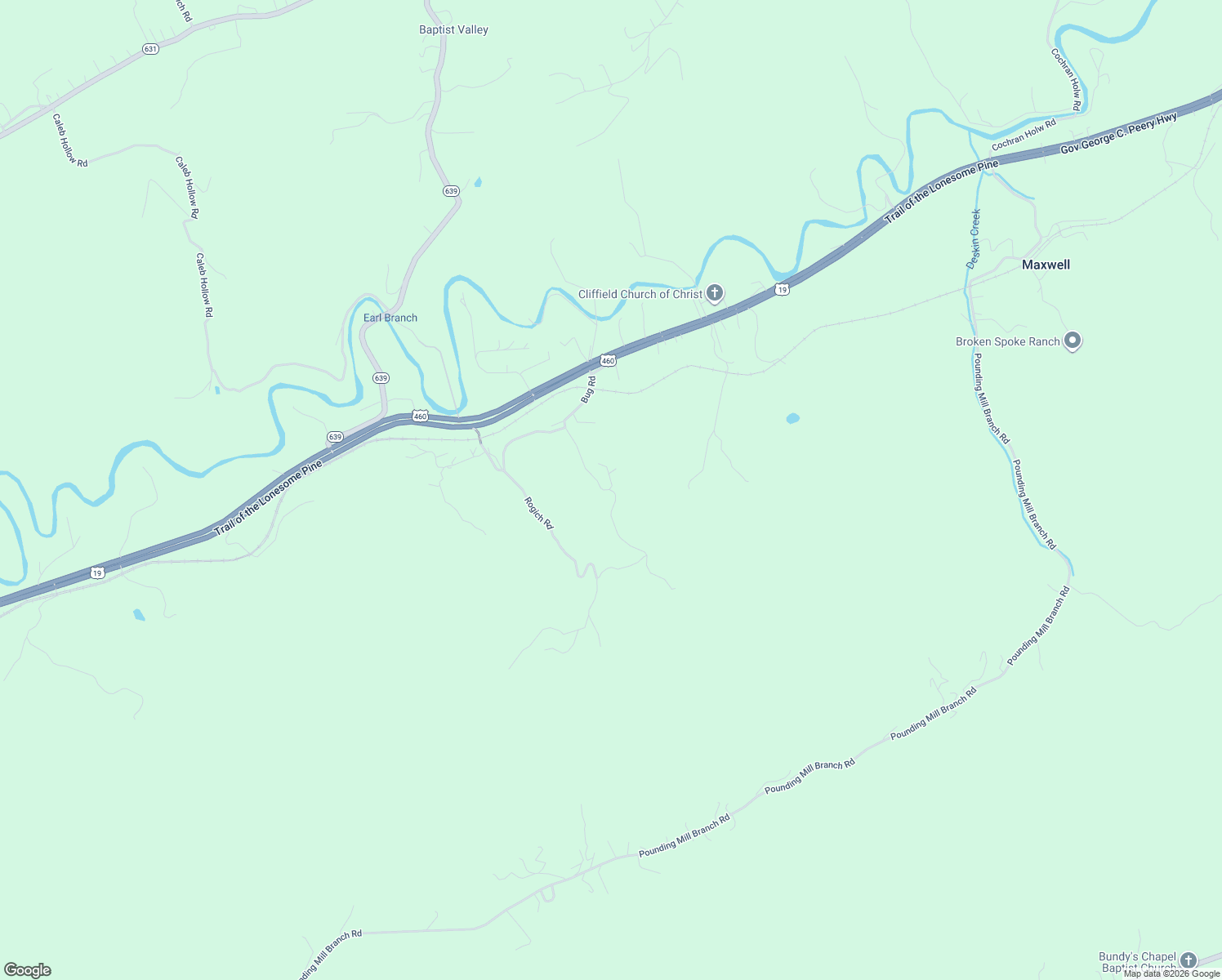 map of restaurants, bars, coffee shops, grocery stores, and more near Bug Road in Tazewell County