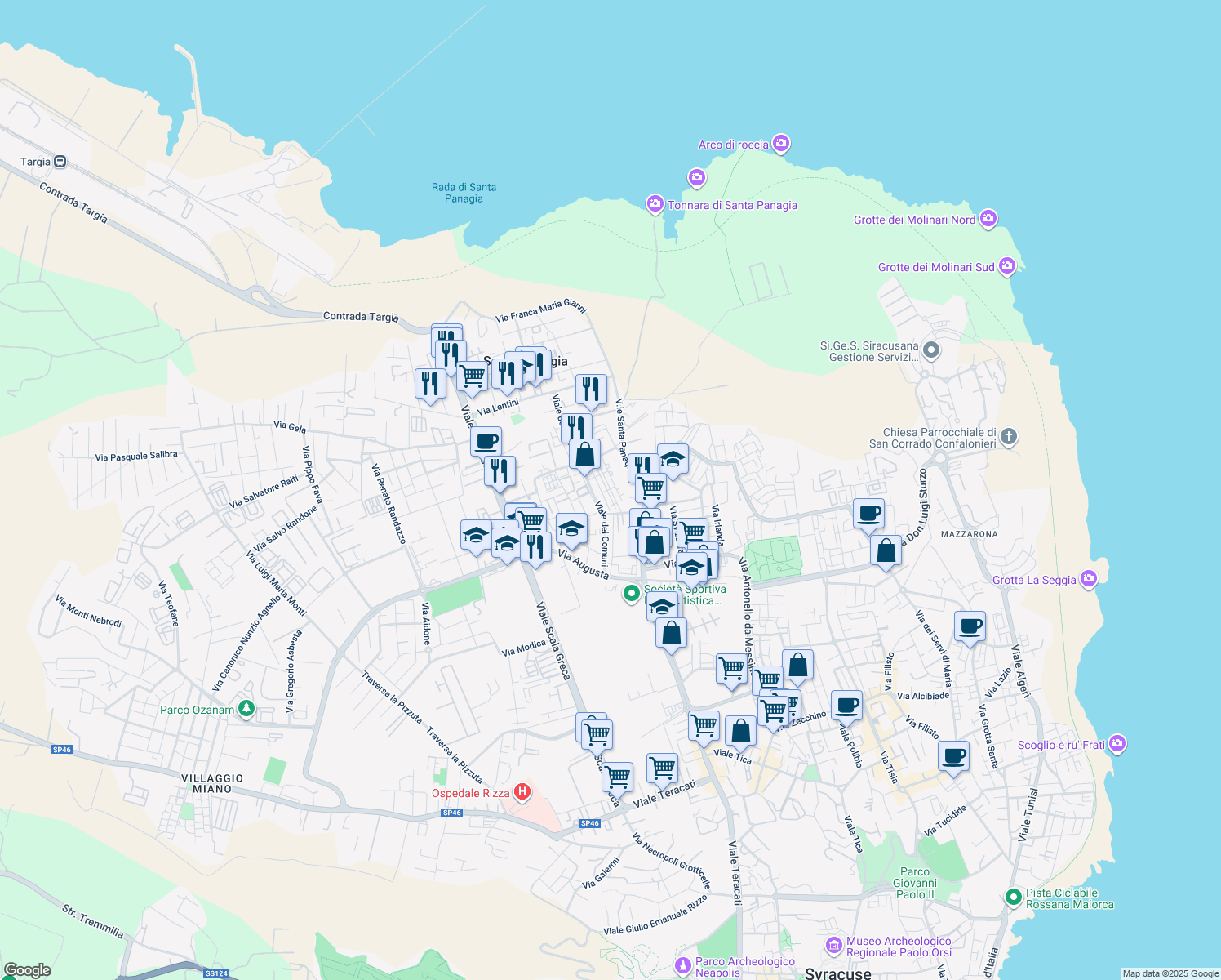 map of restaurants, bars, coffee shops, grocery stores, and more near 53 Viale dei Comuni in Siracusa