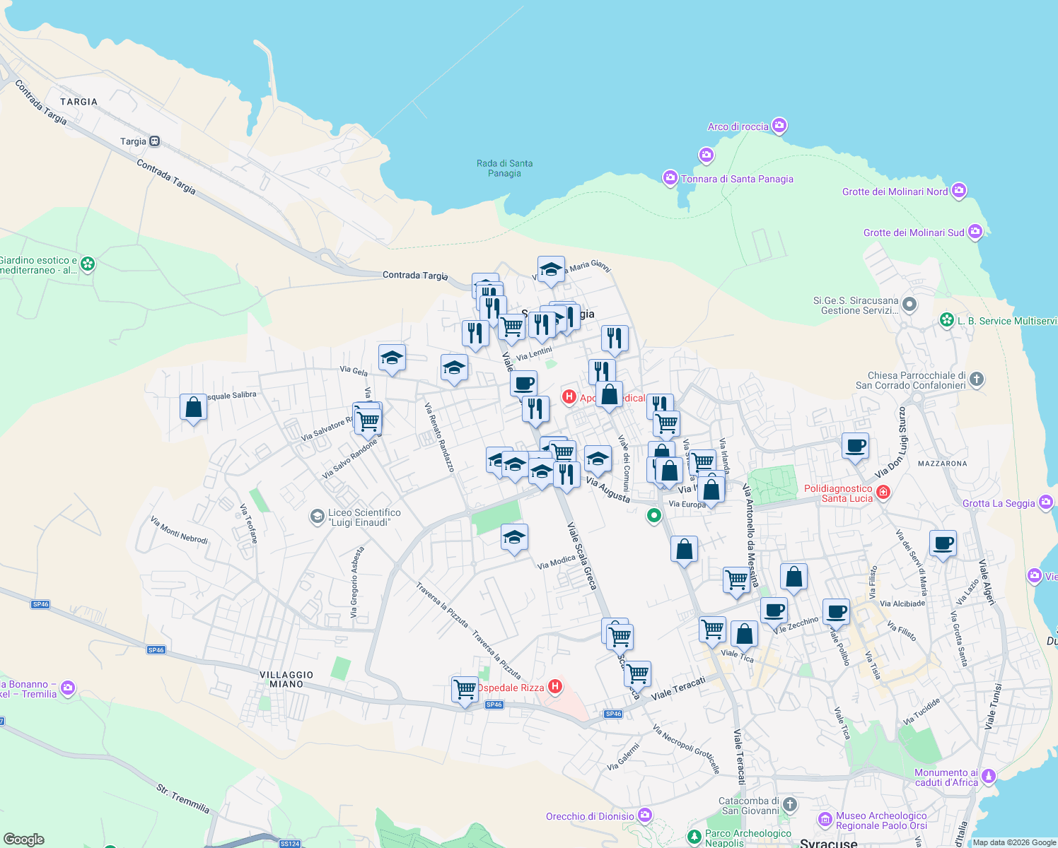 map of restaurants, bars, coffee shops, grocery stores, and more near 355 Viale Scala Greca in Siracusa