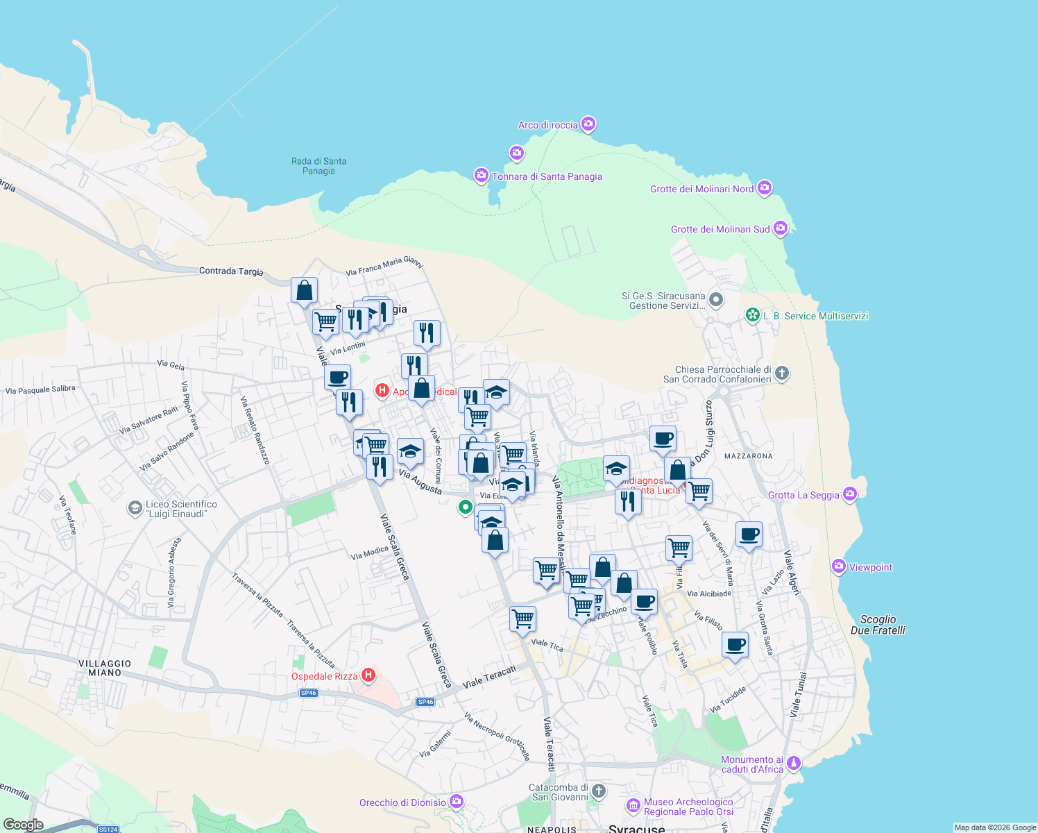 map of restaurants, bars, coffee shops, grocery stores, and more near Via Monsignor Giuseppe Caracciolo in Syracuse