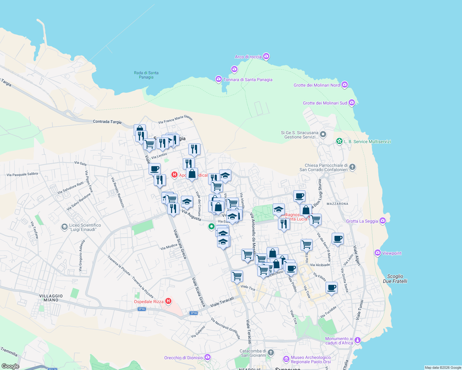 map of restaurants, bars, coffee shops, grocery stores, and more near Via Monsignor Giuseppe Caracciolo in Syracuse