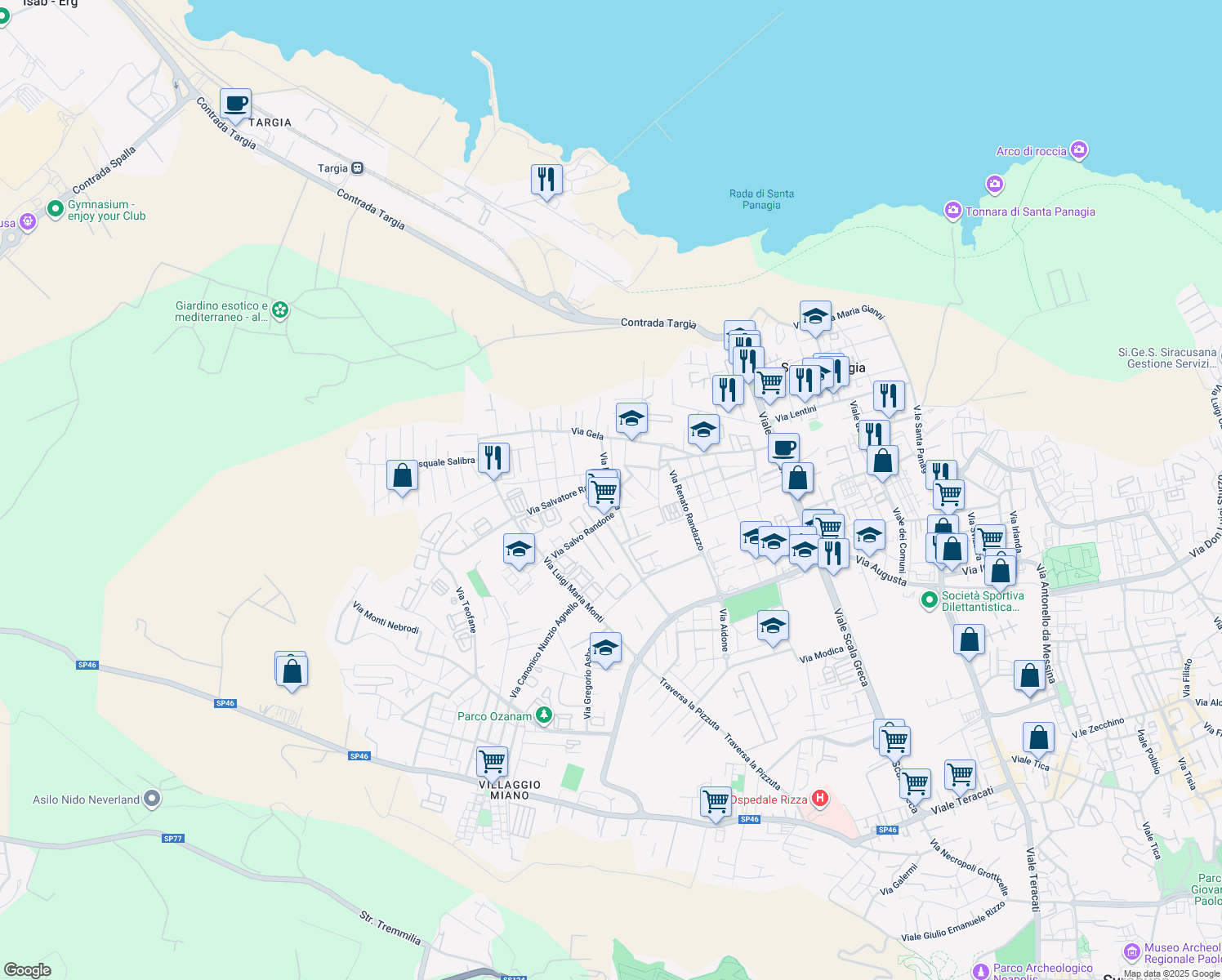 map of restaurants, bars, coffee shops, grocery stores, and more near 19 Via Aragona in Siracusa