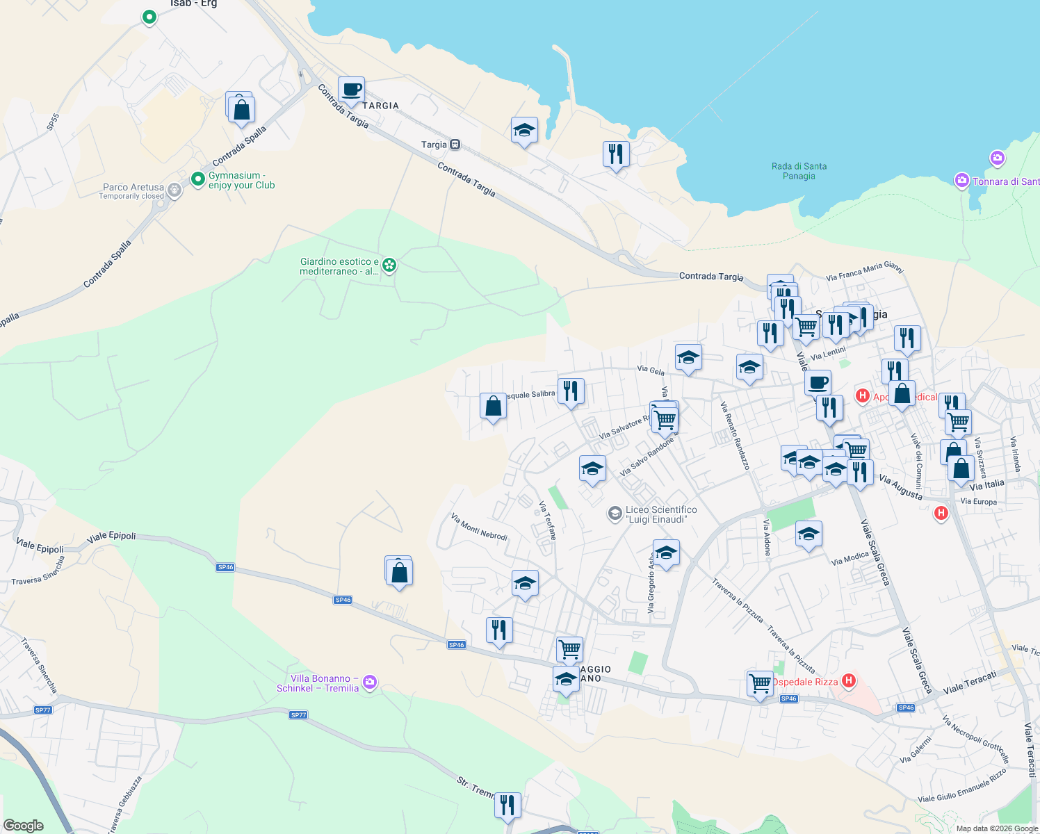 map of restaurants, bars, coffee shops, grocery stores, and more near 67b Via Pasquale Salibra in Siracusa