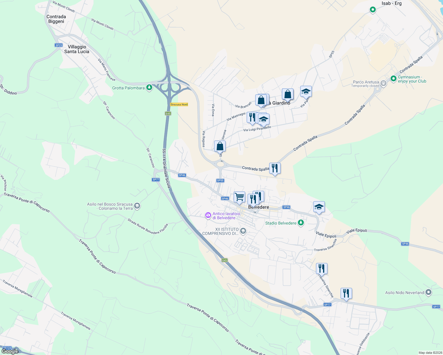 map of restaurants, bars, coffee shops, grocery stores, and more near 22 Via Jonica in Libero consorzio comunale di Siracusa