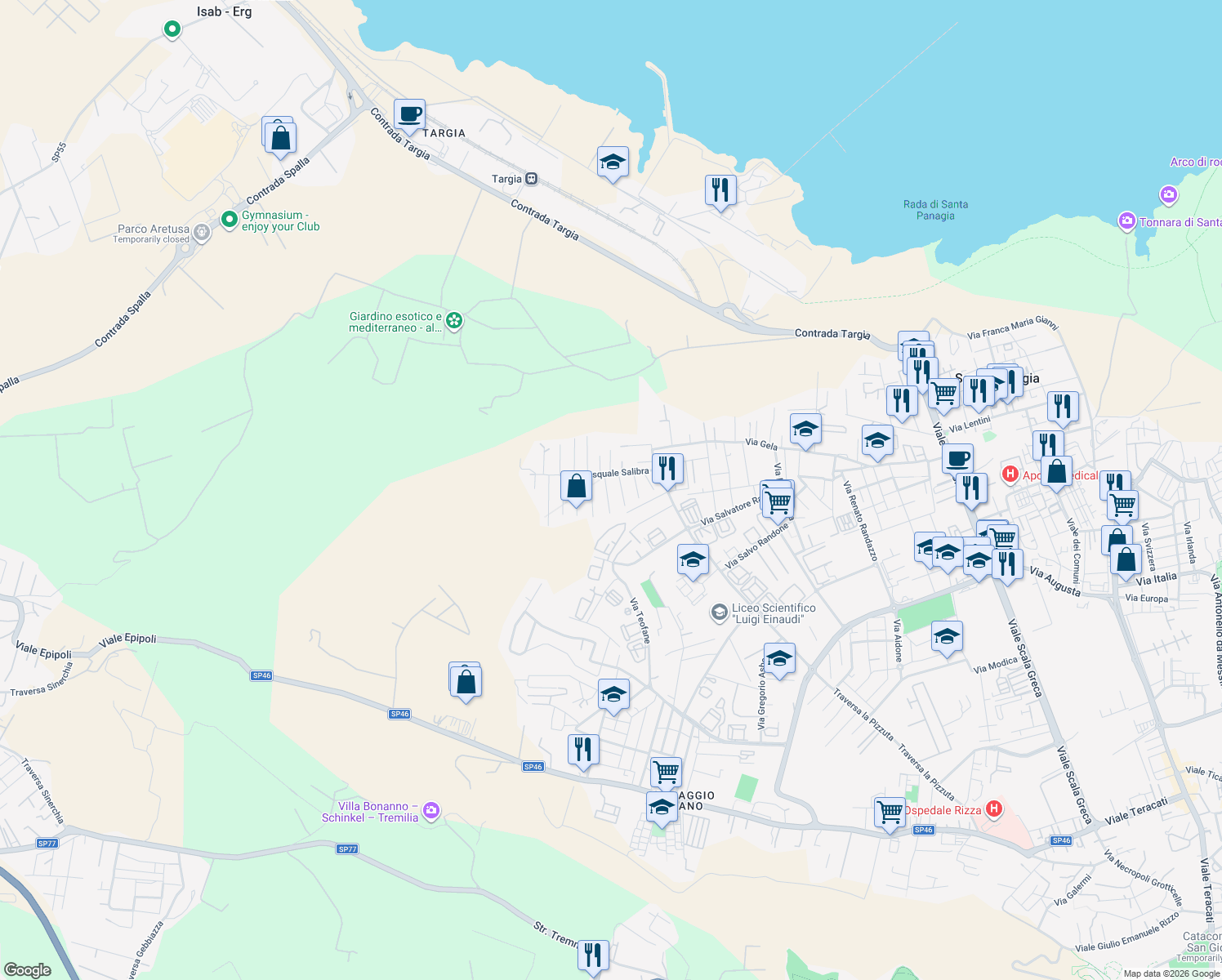 map of restaurants, bars, coffee shops, grocery stores, and more near 67b Via Pasquale Salibra in Siracusa