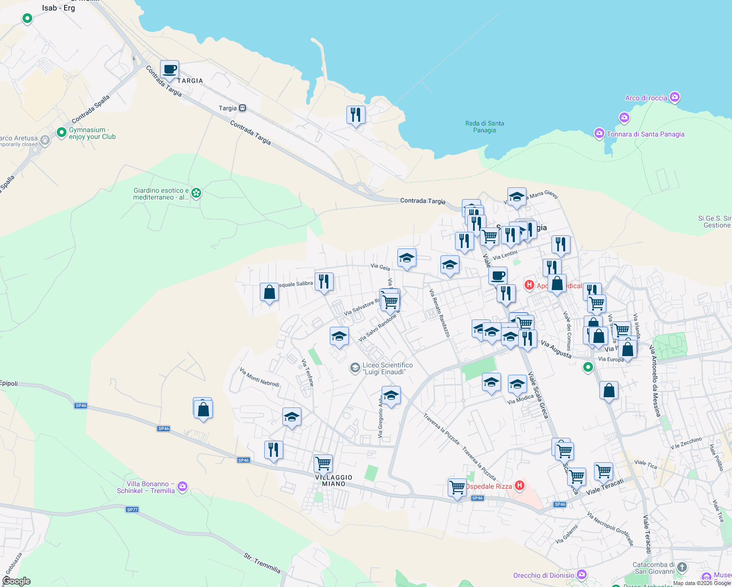 map of restaurants, bars, coffee shops, grocery stores, and more near 6a Via Licata in Siracusa