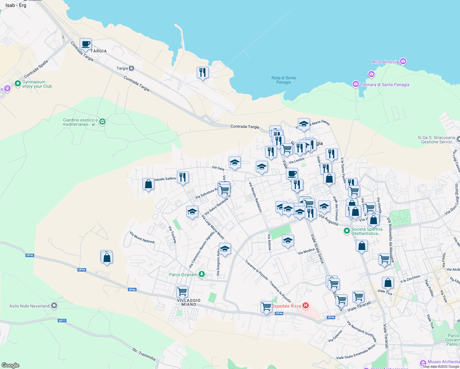 map of restaurants, bars, coffee shops, grocery stores, and more near 19 Via Aragona in Siracusa
