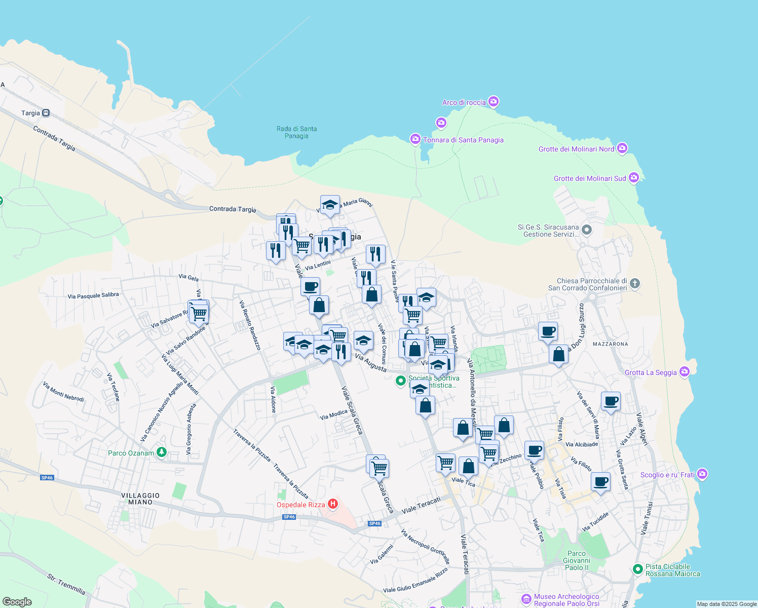 map of restaurants, bars, coffee shops, grocery stores, and more near Via Grammichele in Syracuse