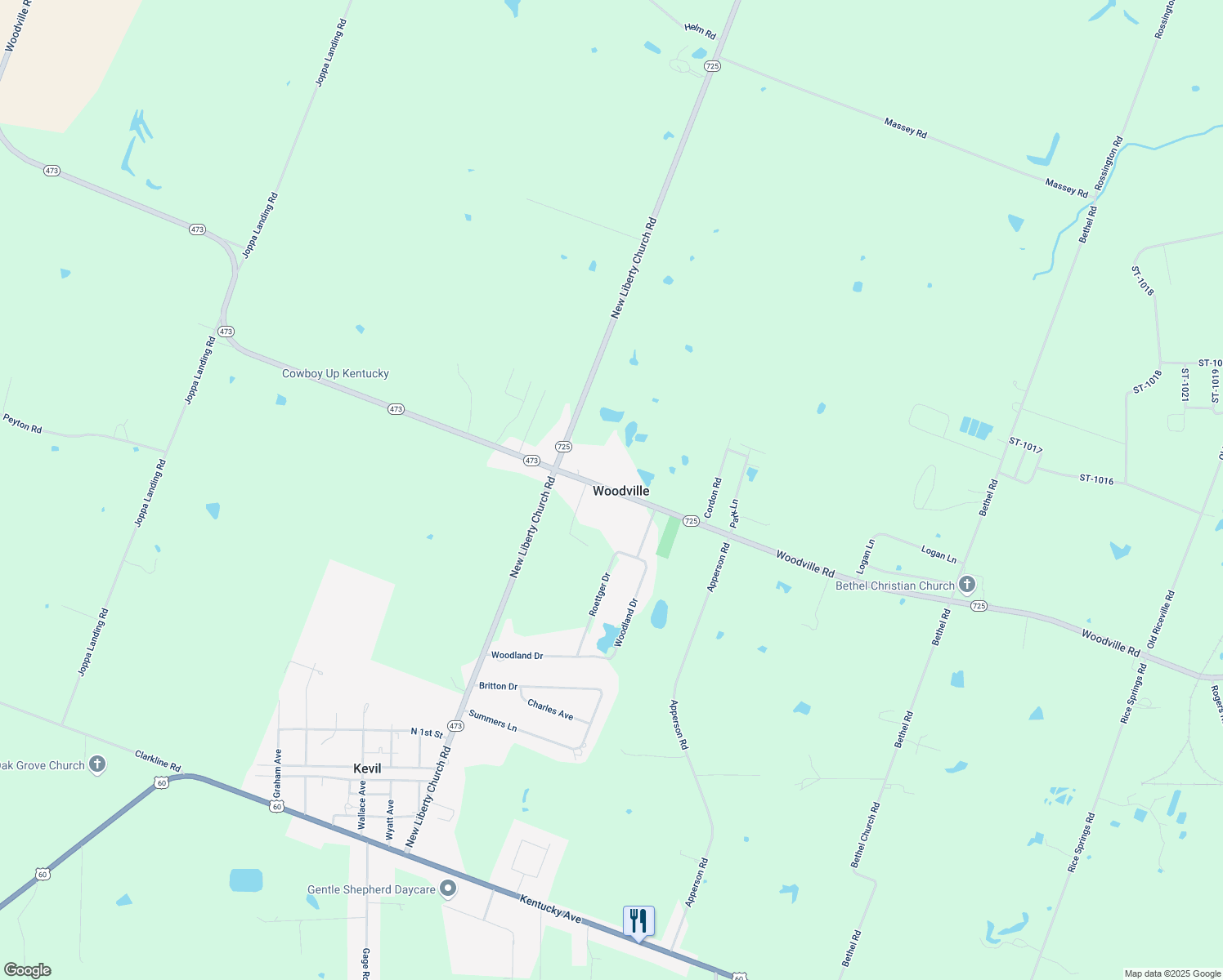 map of restaurants, bars, coffee shops, grocery stores, and more near 13069 Woodville Road in Kevil