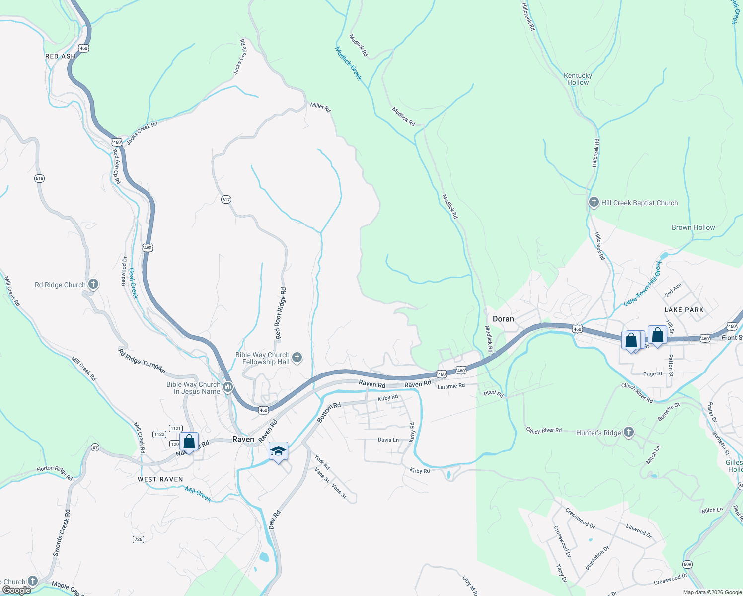 map of restaurants, bars, coffee shops, grocery stores, and more near 427 Scenic Road in Raven