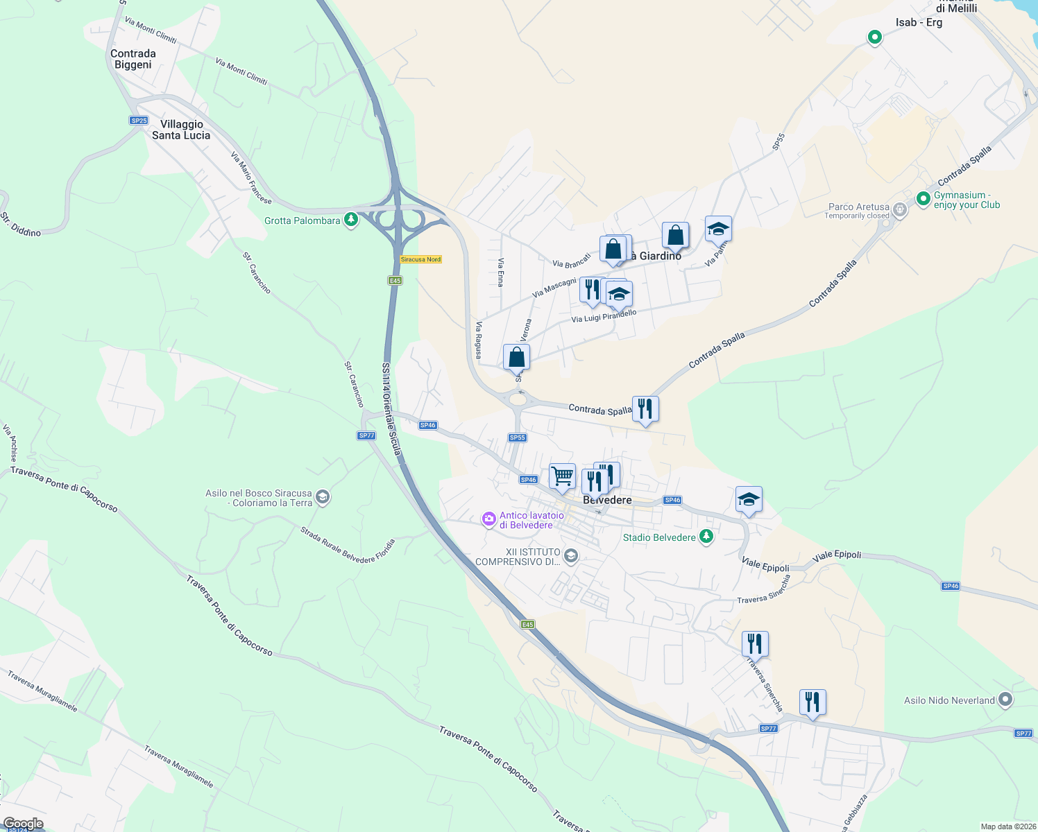 map of restaurants, bars, coffee shops, grocery stores, and more near 22 Via Jonica in Libero consorzio comunale di Siracusa