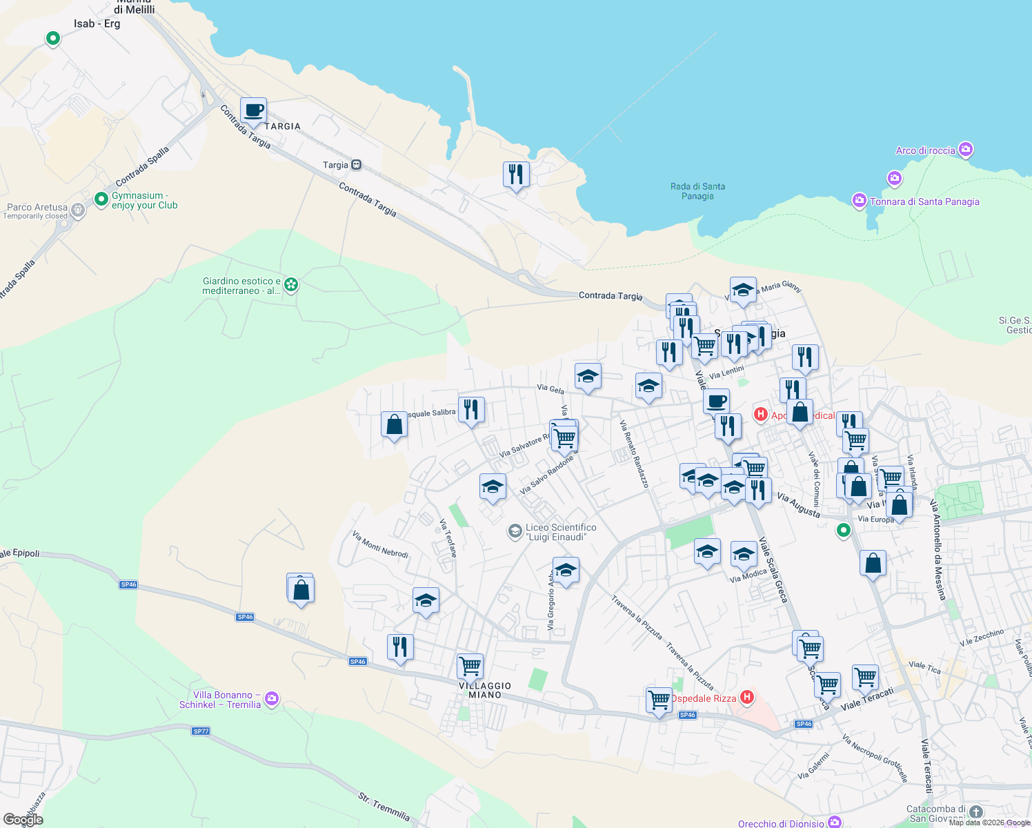 map of restaurants, bars, coffee shops, grocery stores, and more near 6a Via Licata in Siracusa