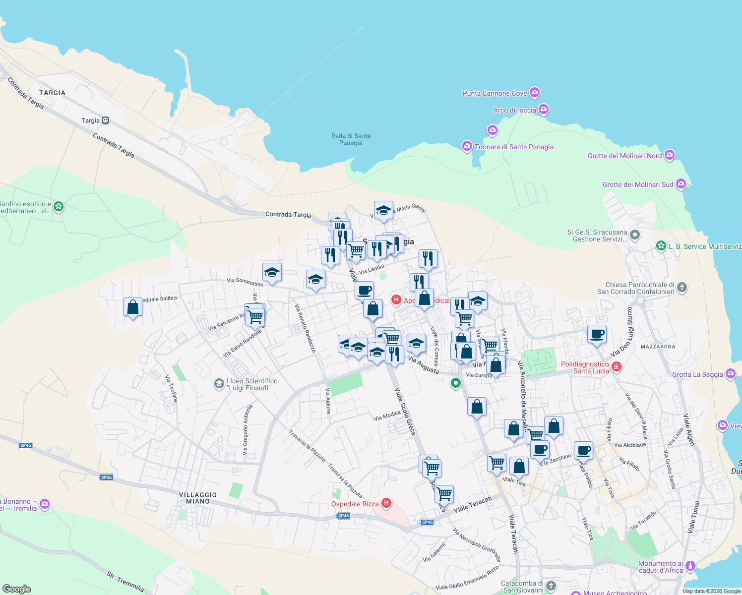 map of restaurants, bars, coffee shops, grocery stores, and more near 324 Viale Scala Greca in Siracusa