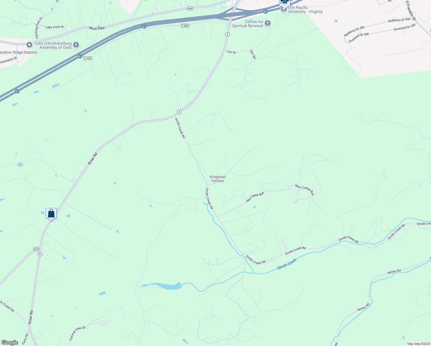 map of restaurants, bars, coffee shops, grocery stores, and more near 1502 Smith Creek Road in Christiansburg